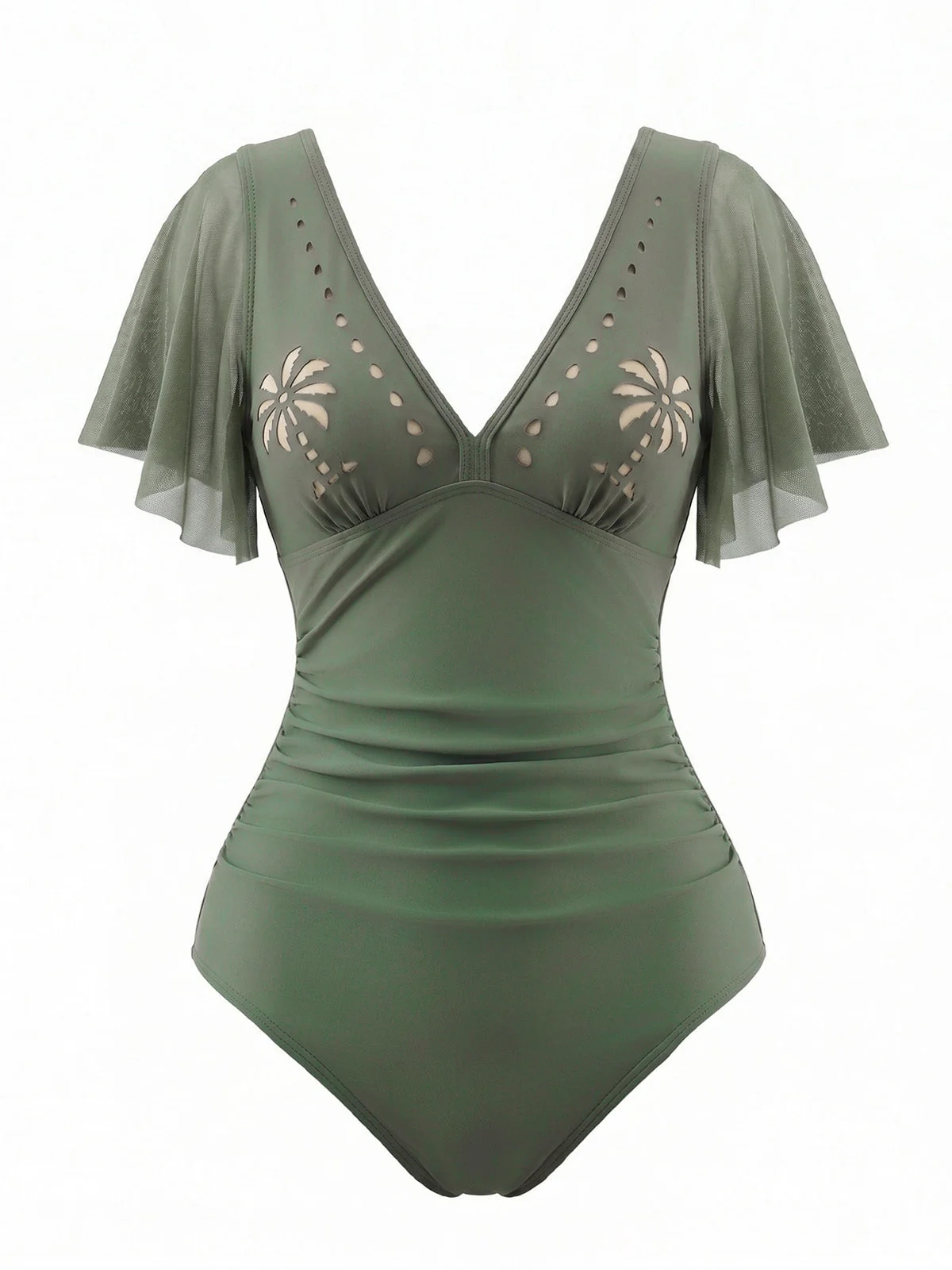 1950s V-Neck Hollow Ruffle Sleeve Palm Tree Swimsuit