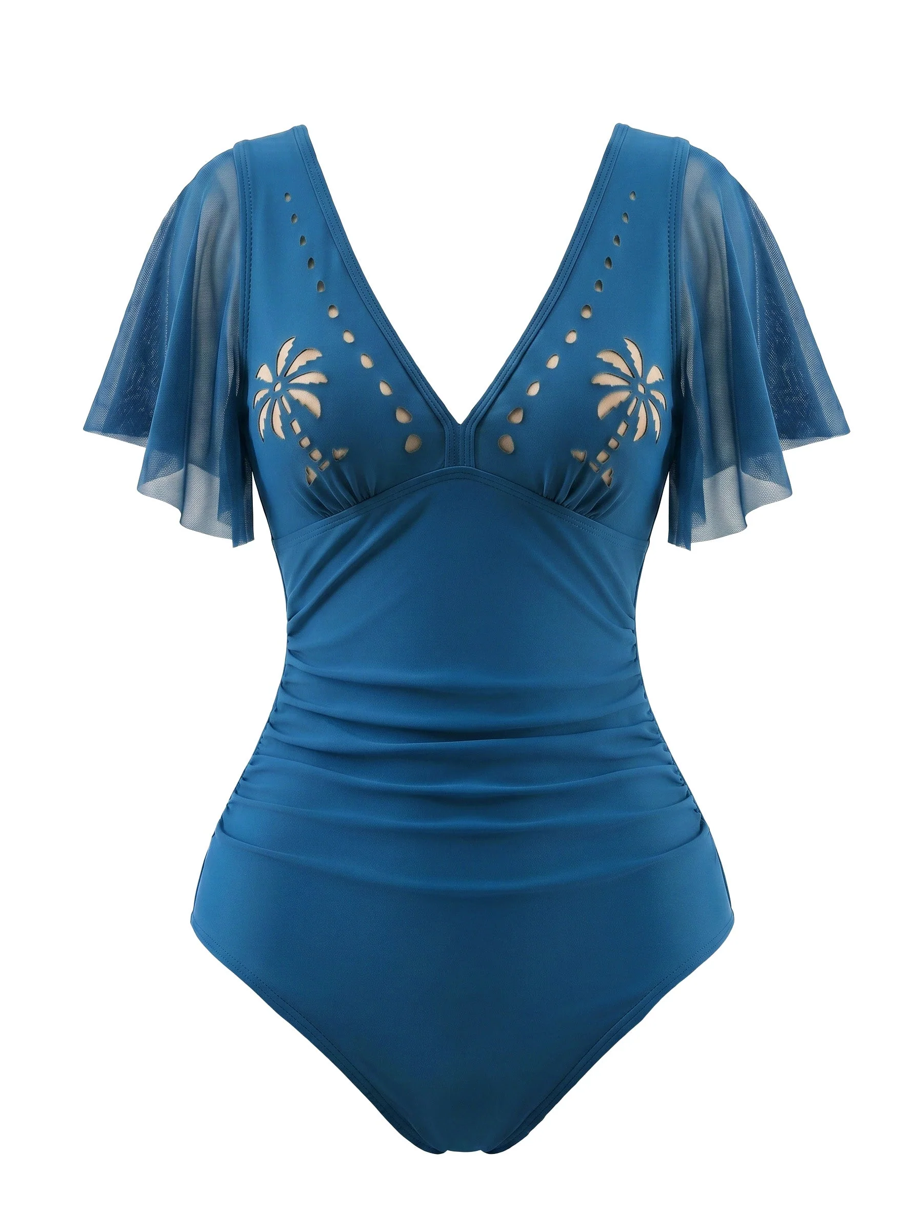 1950s V-Neck Hollow Ruffle Sleeve Palm Tree Swimsuit - Image 5