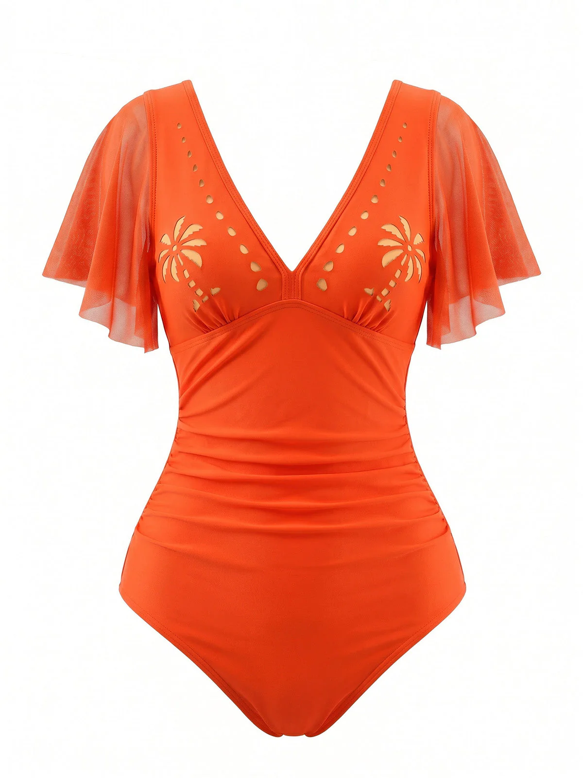 1950s V-Neck Hollow Ruffle Sleeve Palm Tree Swimsuit - Image 6