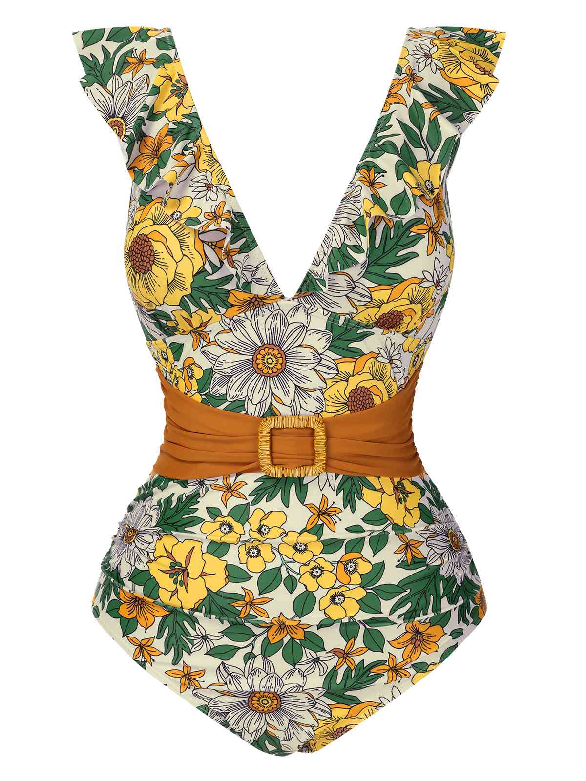 1950s V-Neck Ruffle Shoulder Belted Swimsuit - Image 5