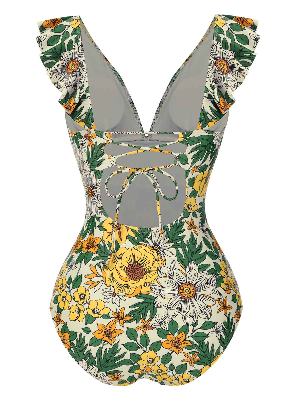 1950s V-Neck Ruffle Shoulder Belted Swimsuit - Image 7