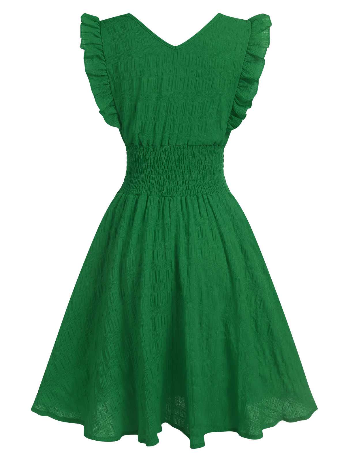 1950s V-Neck Smocked Waist Ruffles Sleeveless Dress - Image 10