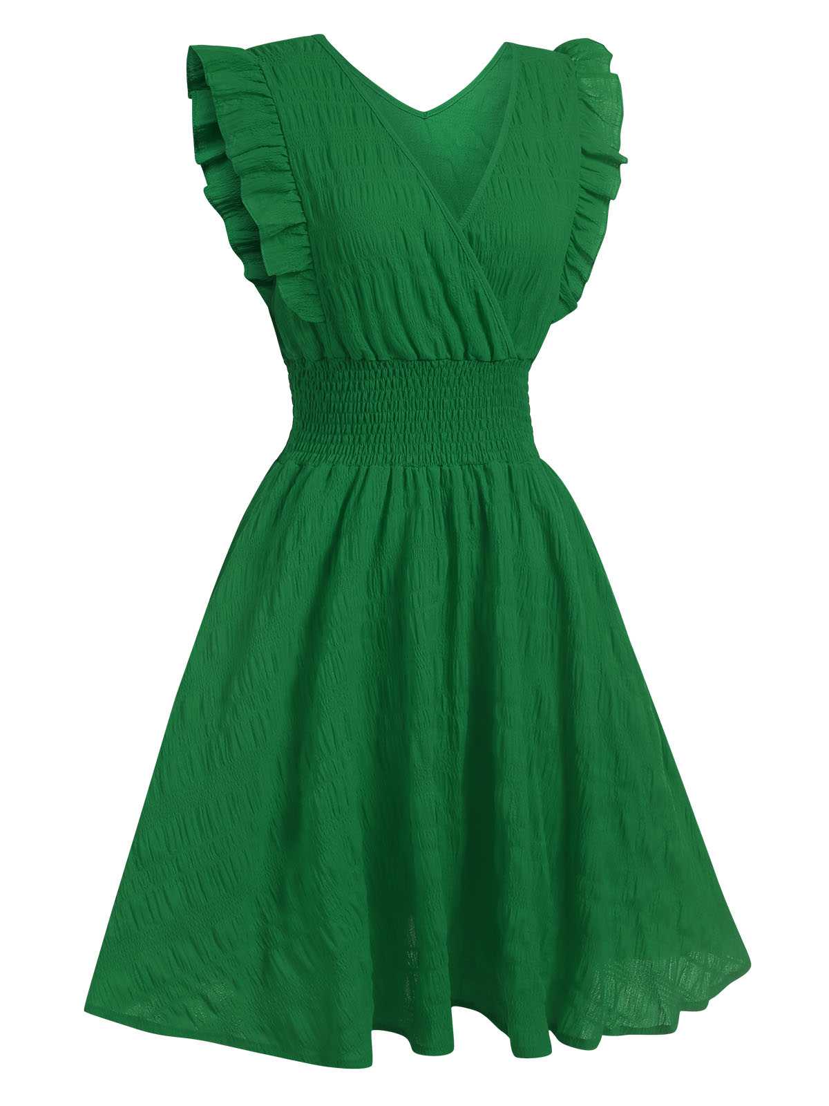 1950s V-Neck Smocked Waist Ruffles Sleeveless Dress - Image 11