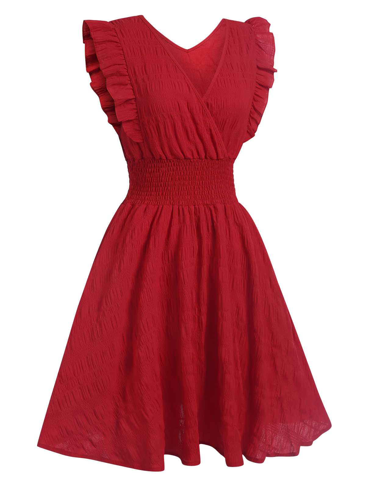 1950s V-Neck Smocked Waist Ruffles Sleeveless Dress - Image 3