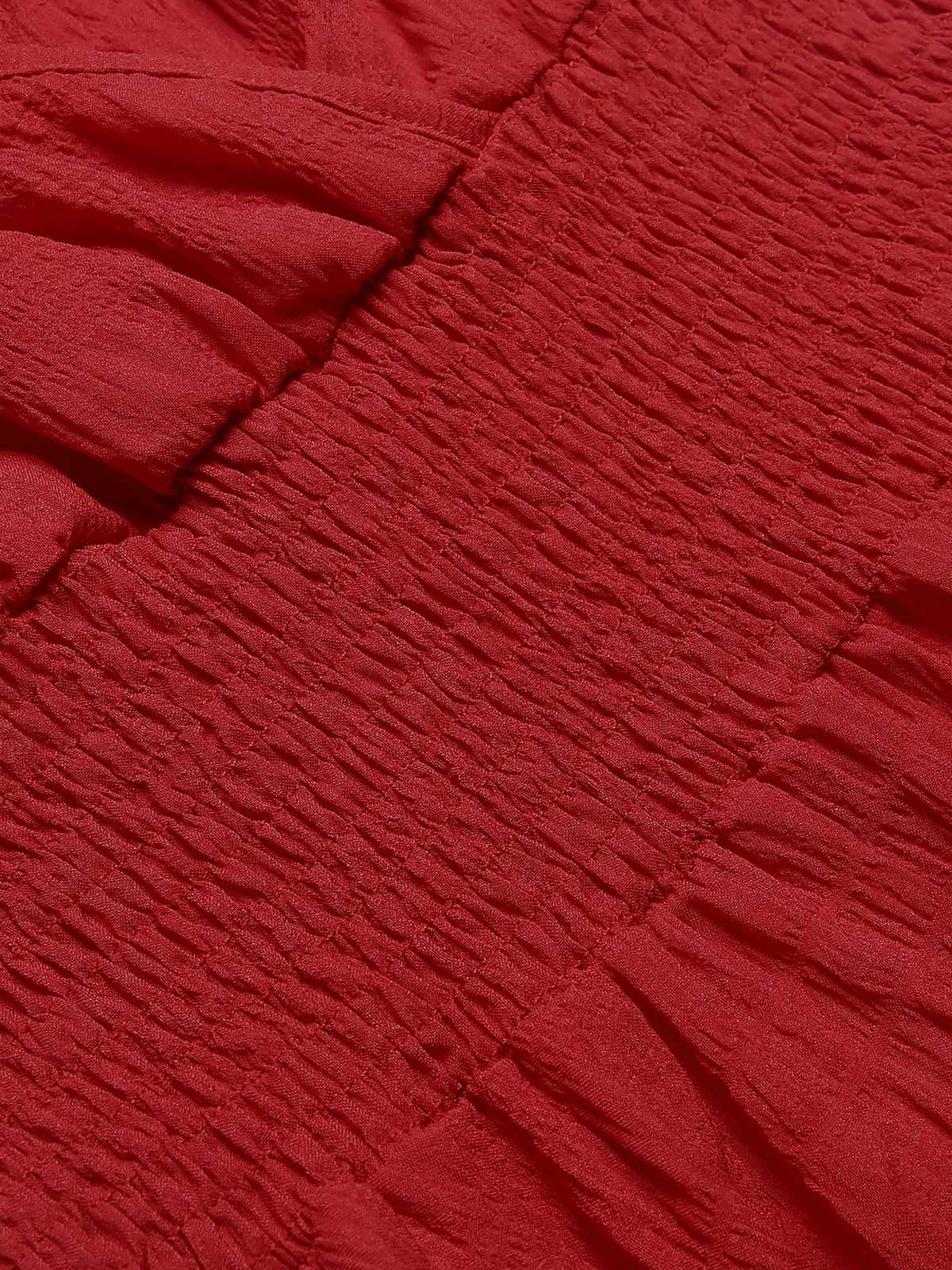 1950s V-Neck Smocked Waist Ruffles Sleeveless Dress - Image 4