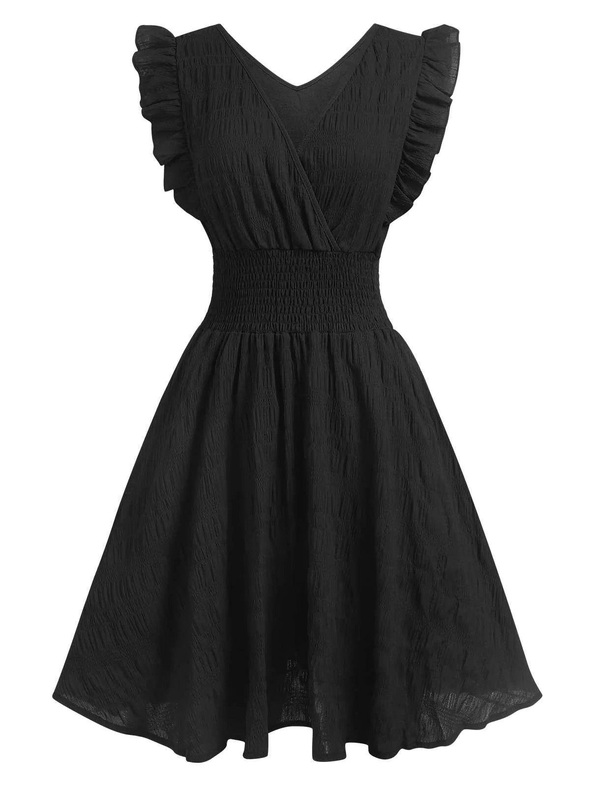 1950s V-Neck Smocked Waist Ruffles Sleeveless Dress - Image 5