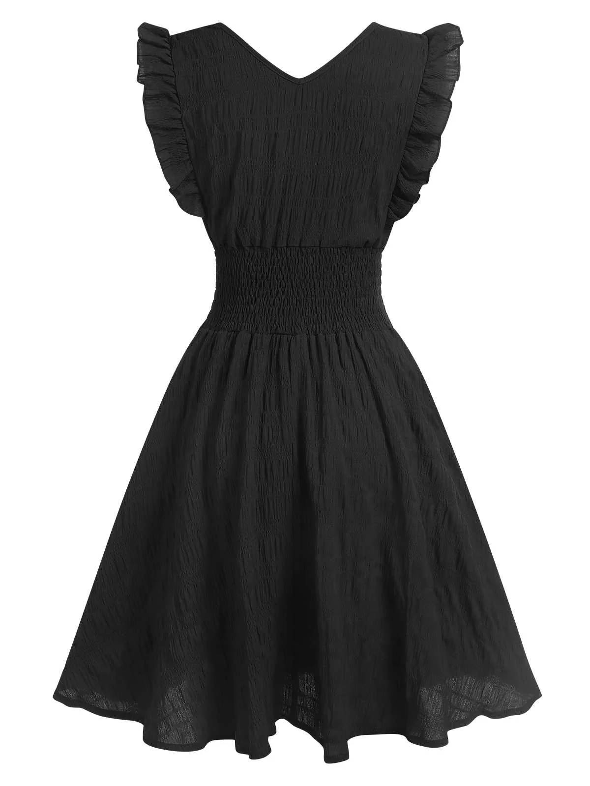 1950s V-Neck Smocked Waist Ruffles Sleeveless Dress - Image 6