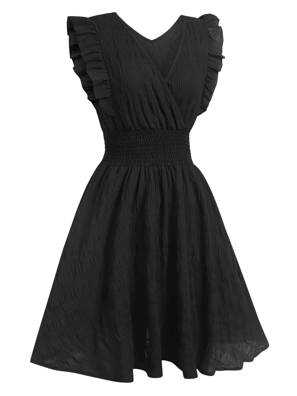 1950s V-Neck Smocked Waist Ruffles Sleeveless Dress - Image 7