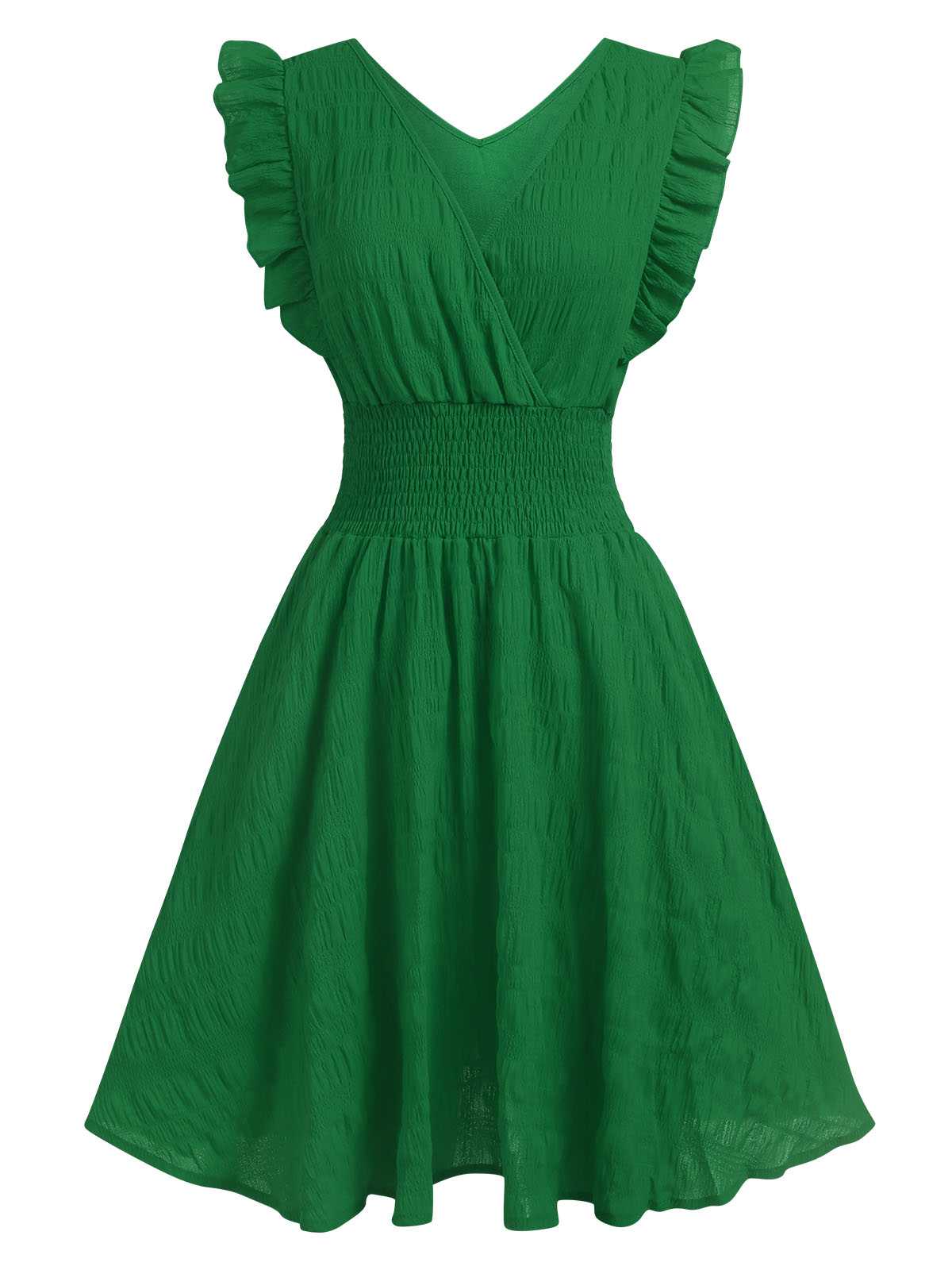 1950s V-Neck Smocked Waist Ruffles Sleeveless Dress - Image 9