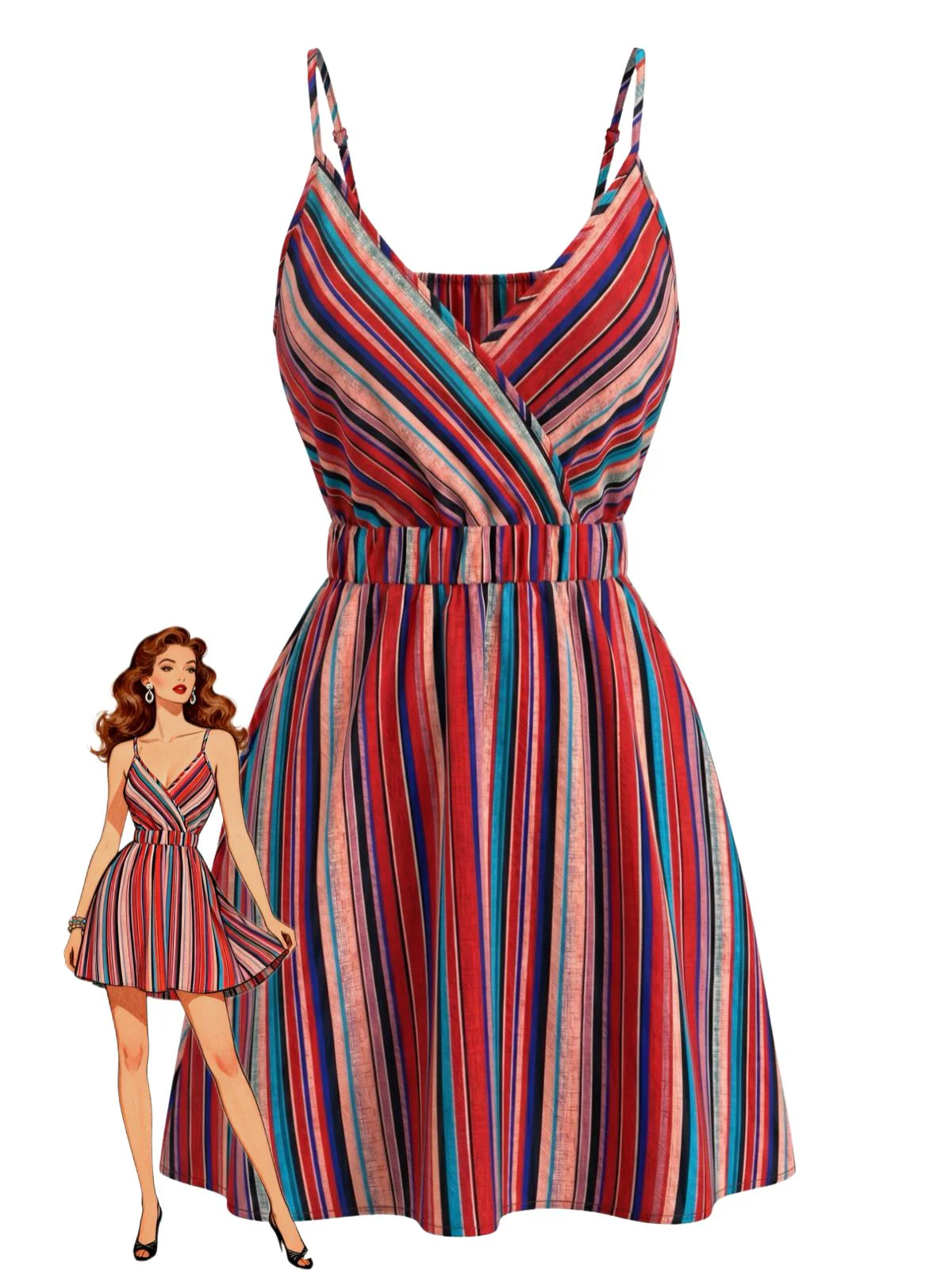 1970s V-Neck Boho Style Striped Mini Dress