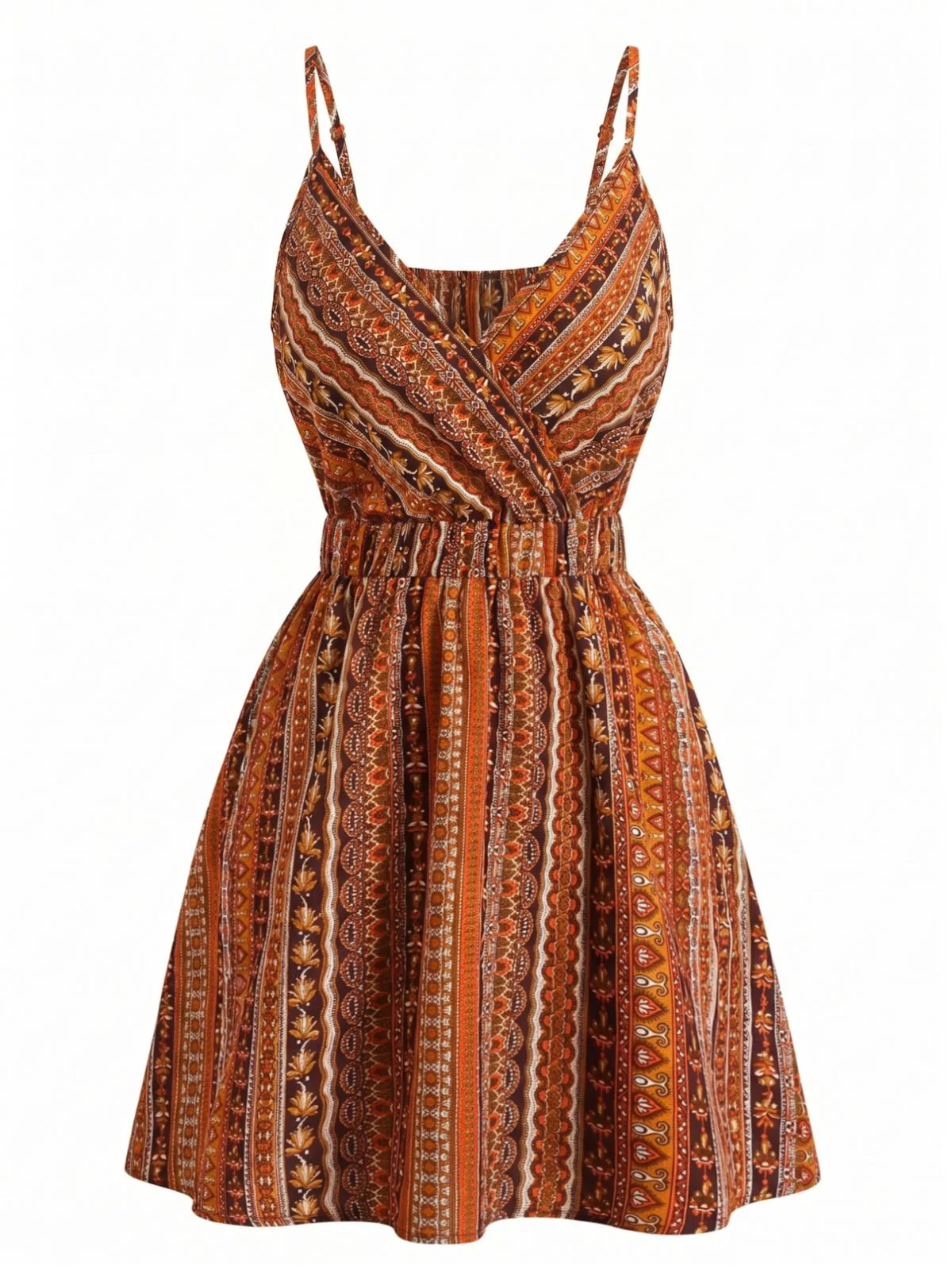 1970s V-Neck Boho Style Striped Mini Dress - Image 4