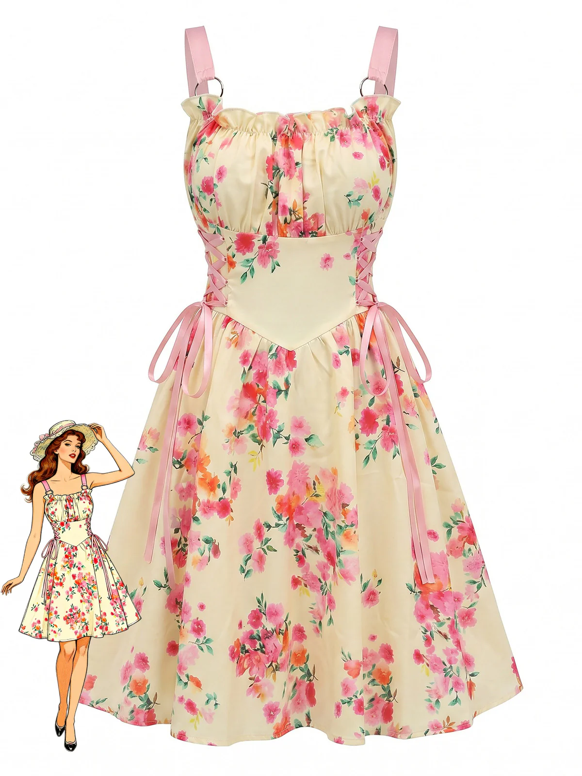 1950s Vintage Floral Lace-Up Swing Dress
