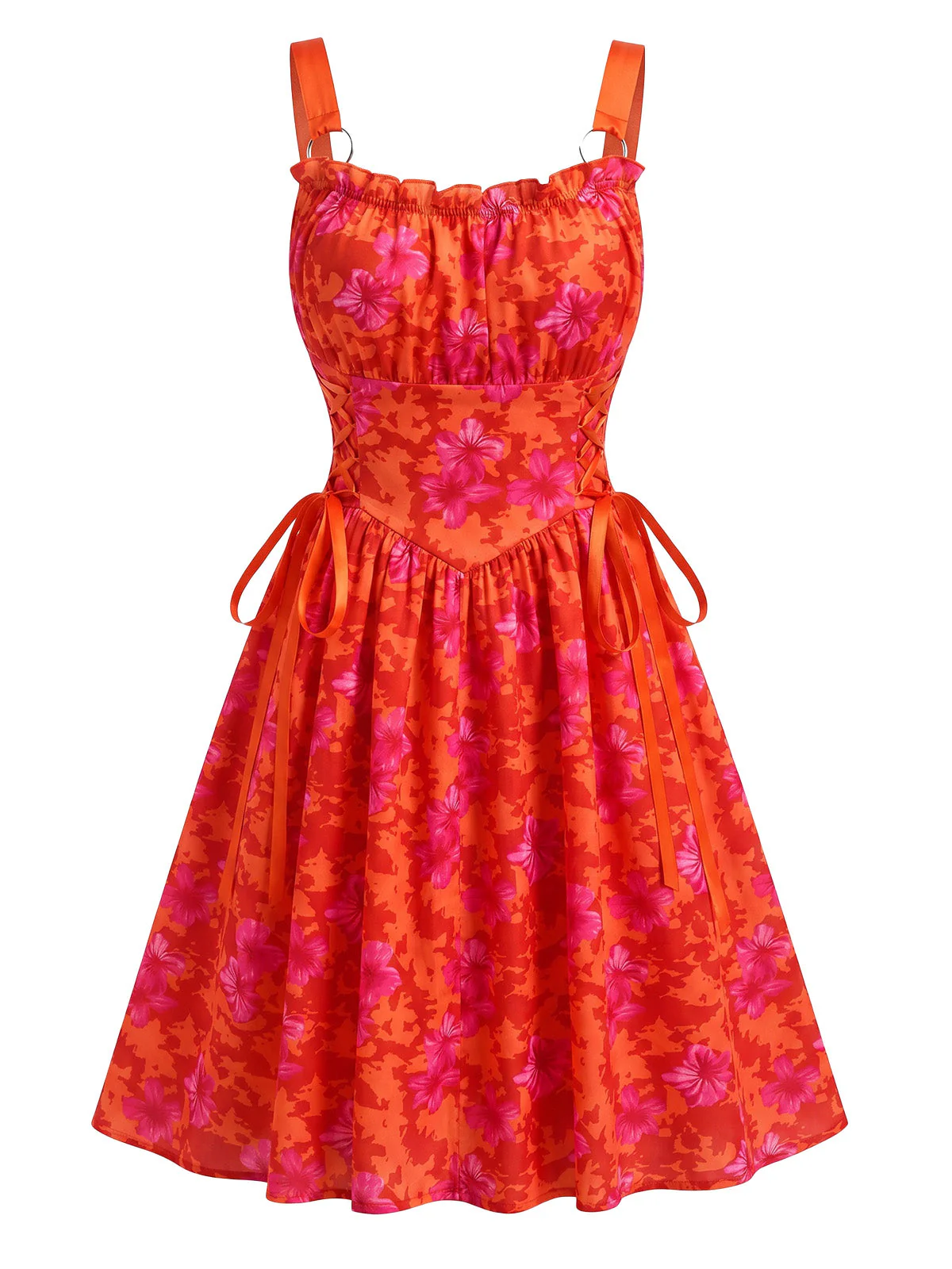 1950s Vintage Floral Lace-Up Swing Dress - Image 11