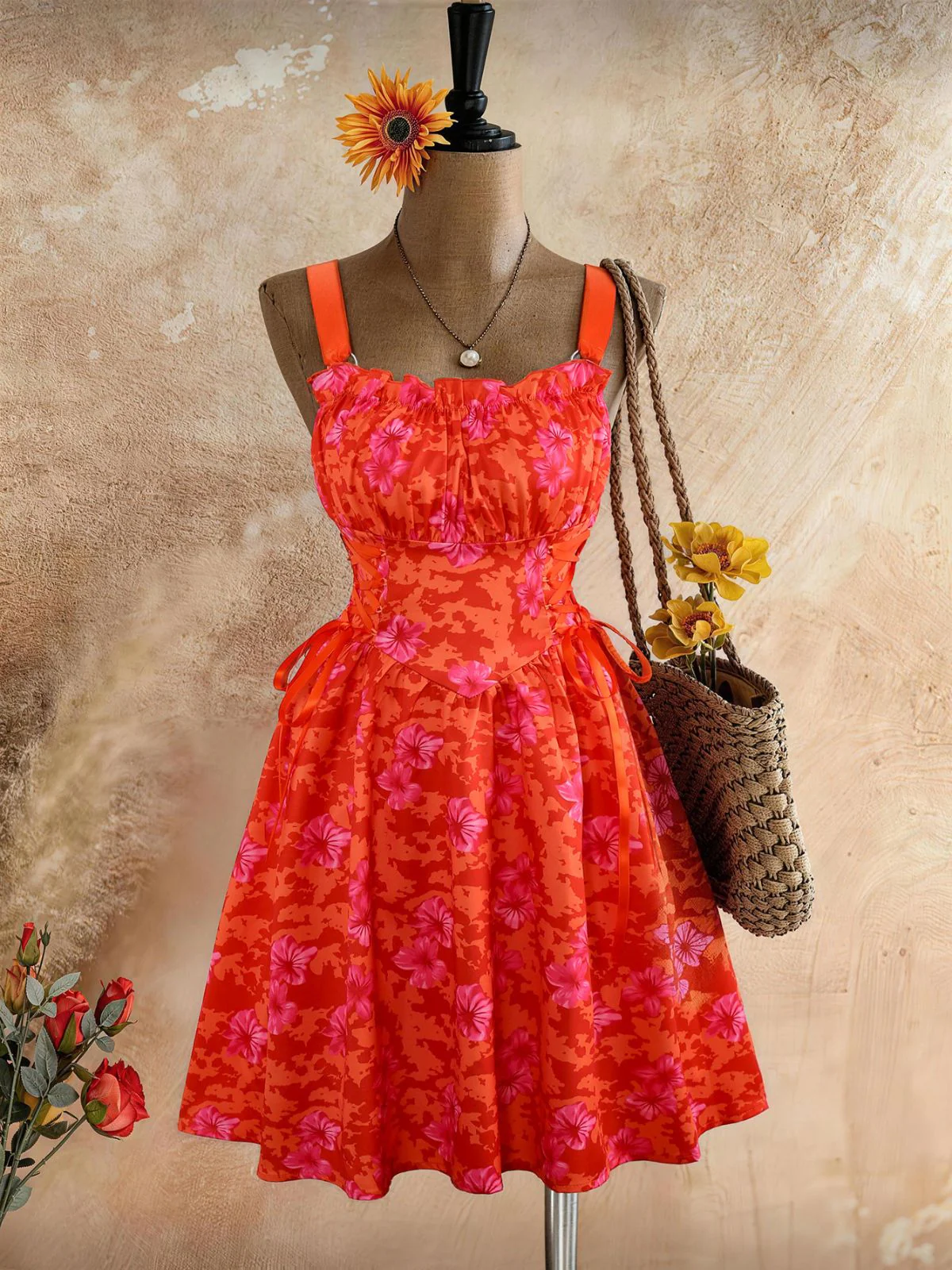 1950s Vintage Floral Lace-Up Swing Dress - Image 12