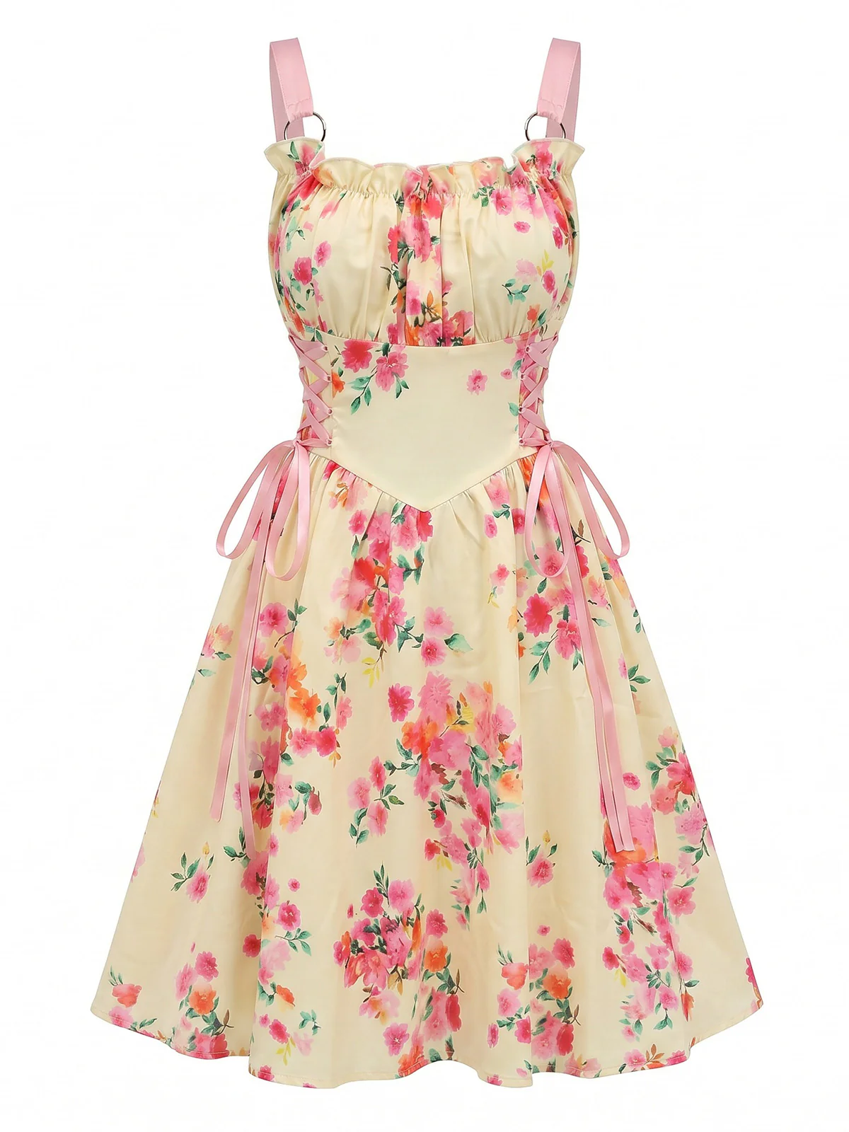 1950s Vintage Floral Lace-Up Swing Dress - Image 2