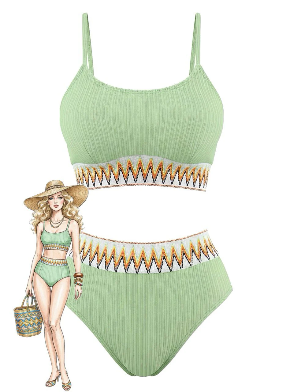 1950s Zigzag Pattern High-waisted Ribbed Bikini
