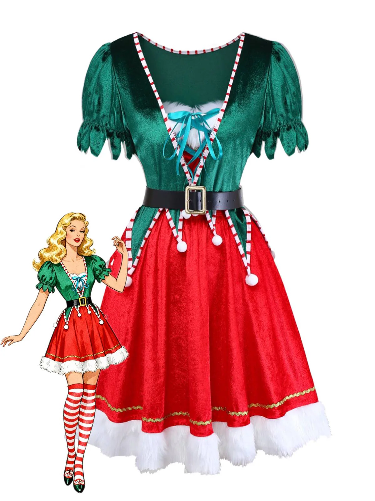 1960s Christmas Green V-Neck Top & Red Fur Trimmed Skirt
