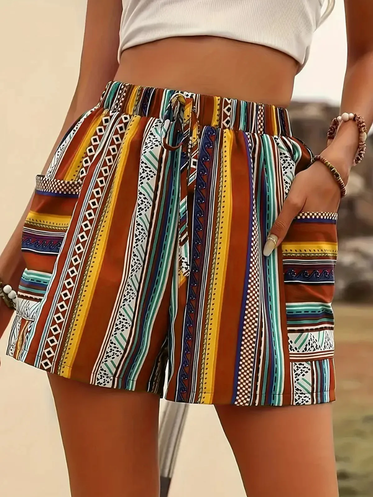 1960s Colorblock Boho Striped High Waist Shorts - Image 2