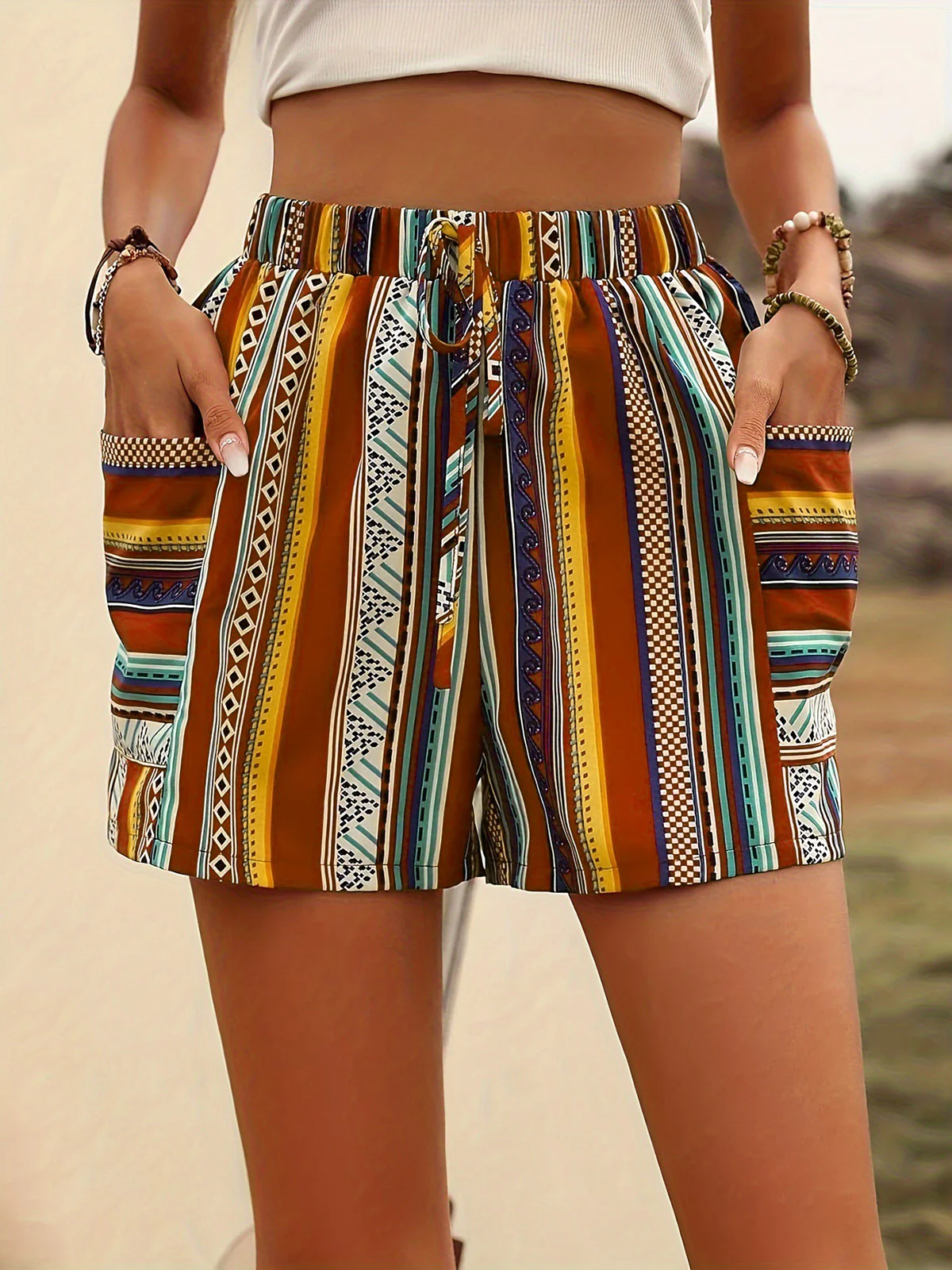 1960s Colorblock Boho Striped High Waist Shorts - Image 3