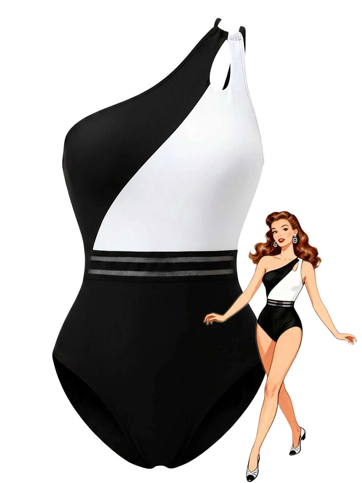 1960s Colorblock Solid One-Shoulder Swimsuit
