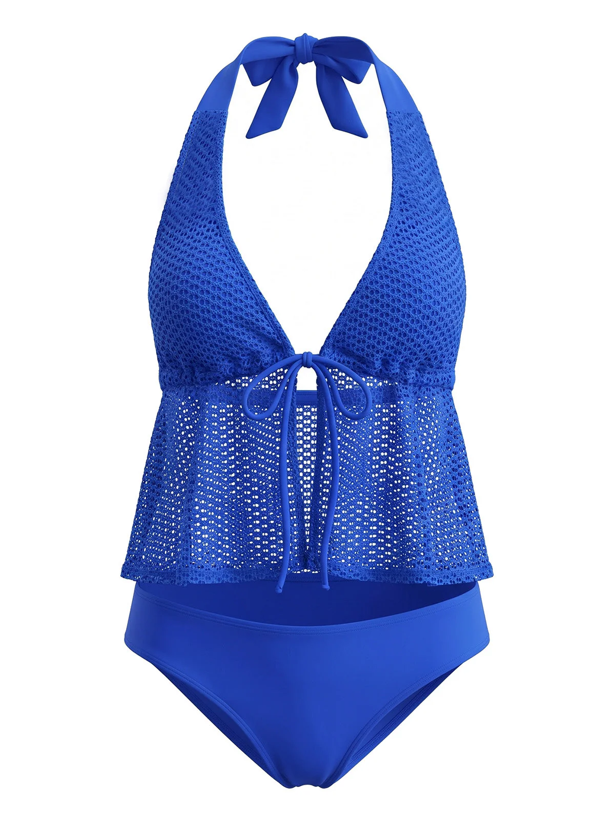 1960s Crochet Mesh Halter Tie-Front Tankini Swimsuit Set