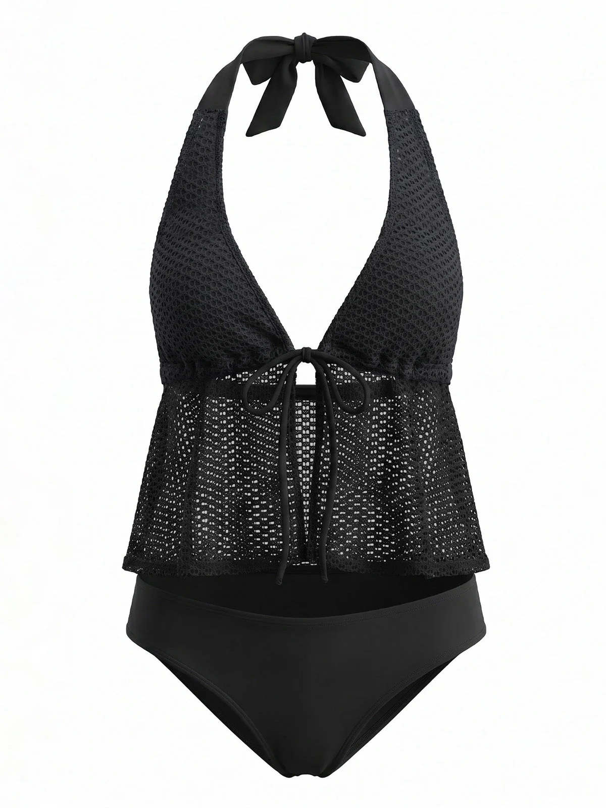 1960s Crochet Mesh Halter Tie-Front Tankini Swimsuit Set - Image 3