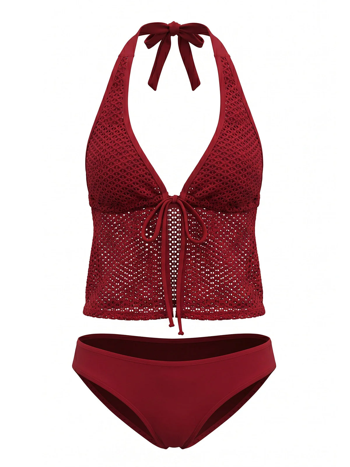 1960s Crochet Mesh Halter Tie-Front Tankini Swimsuit Set - Image 5