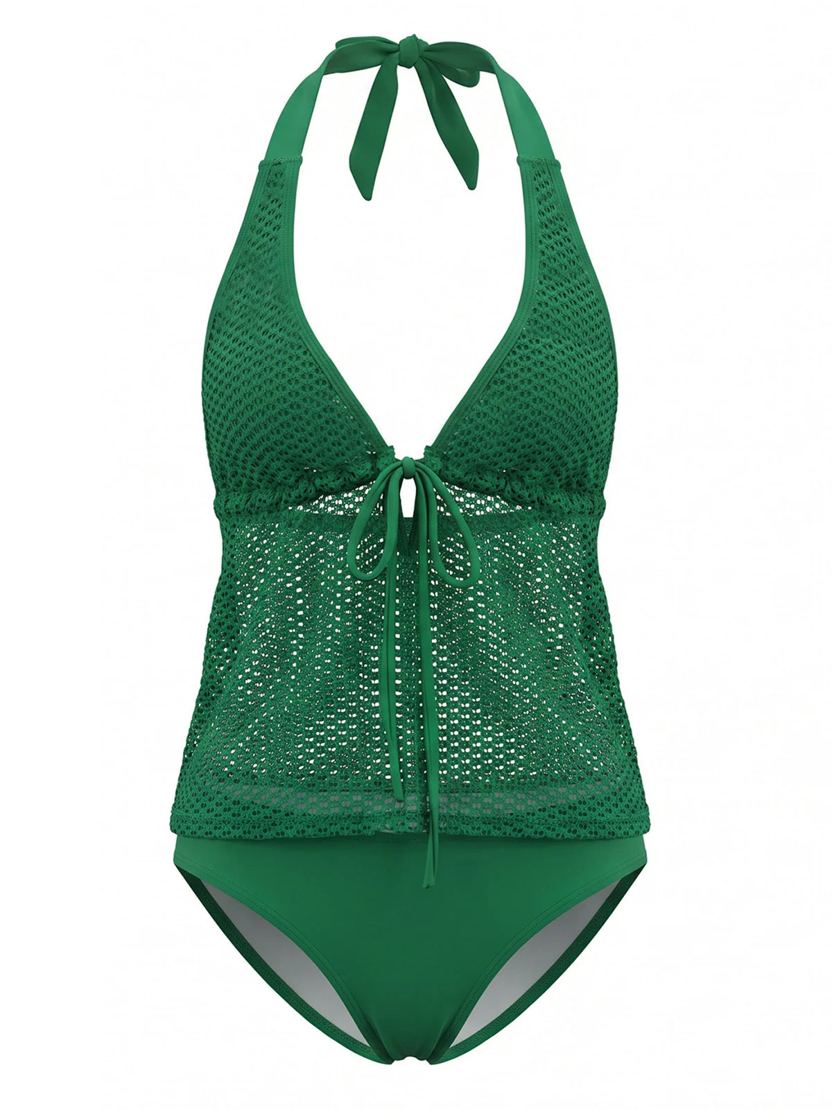1960s Crochet Mesh Halter Tie-Front Tankini Swimsuit Set - Image 7