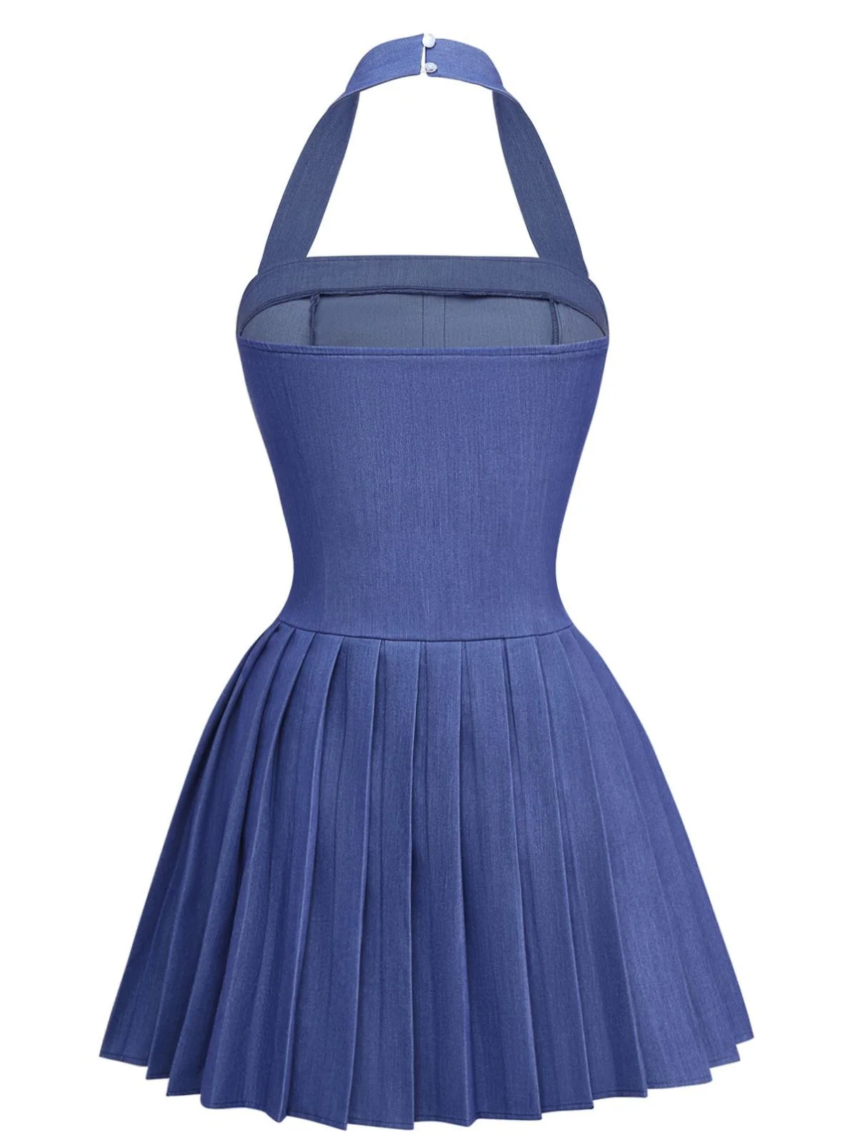 1960s Denim Halter Pleated Button Mini Dress - Image 10