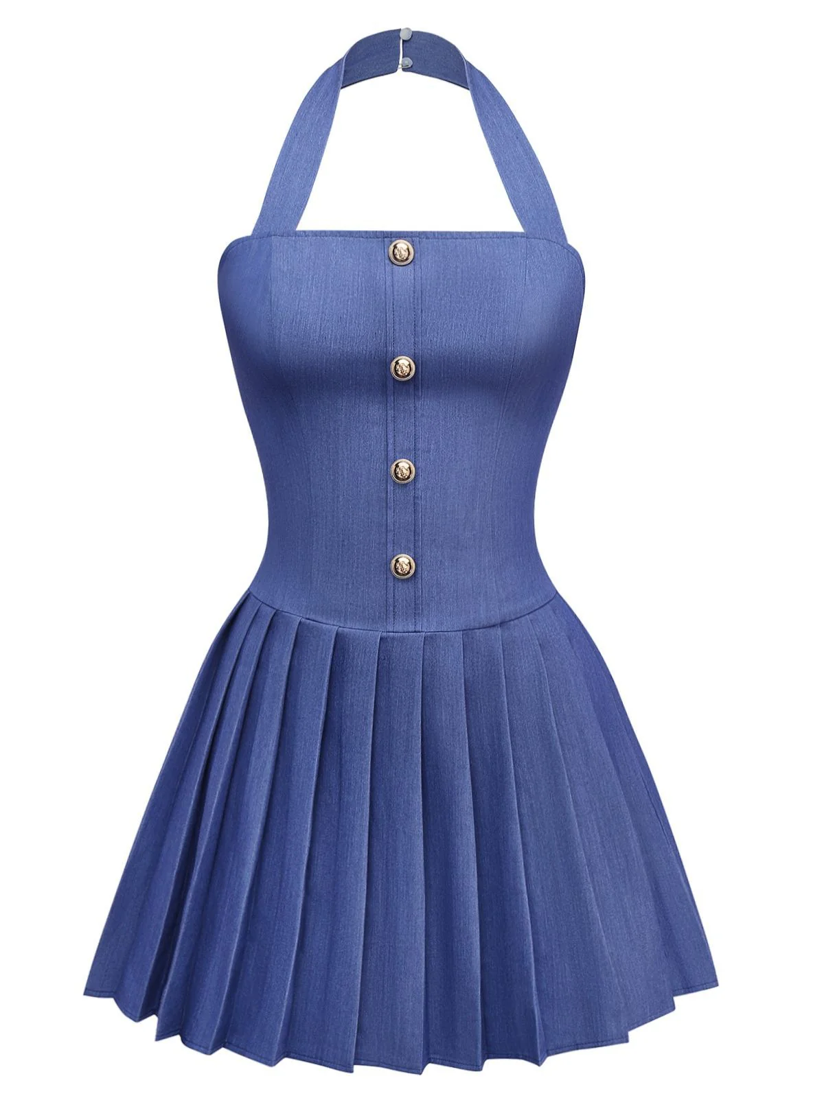 1960s Denim Halter Pleated Button Mini Dress - Image 5