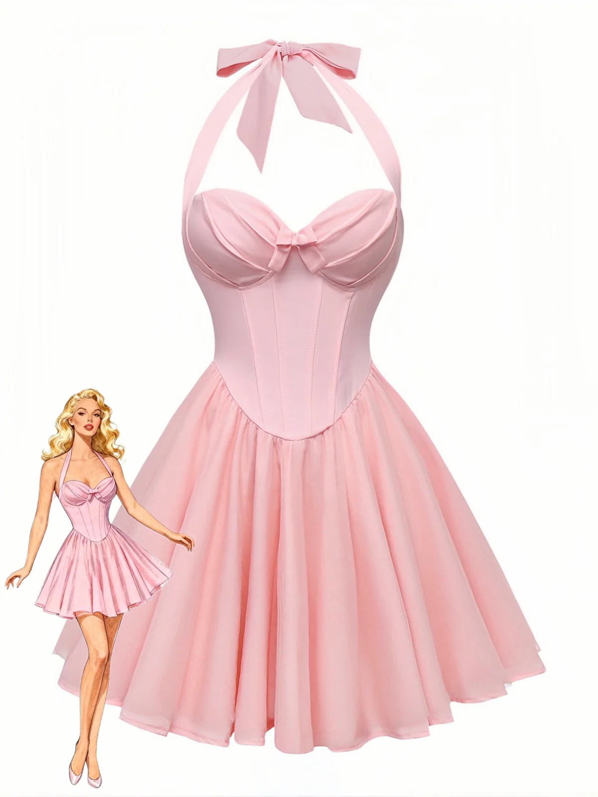 1960s Halter Tie Neck Solid Fishbone Tutu Dress