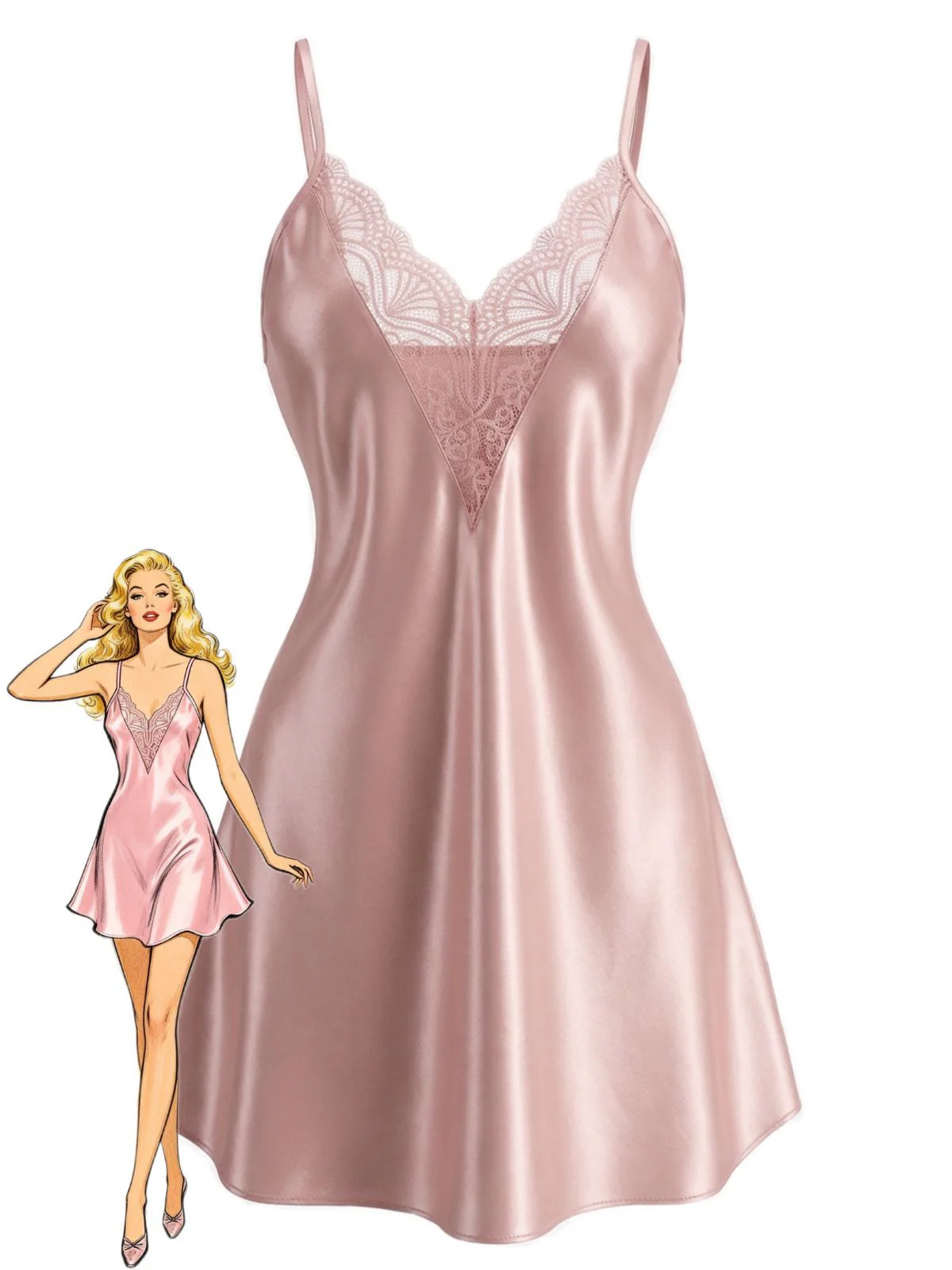1960s Lace V-Neck Solid Spaghetti Strap Nightgown