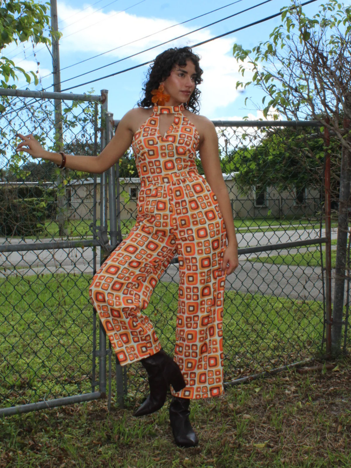 1960s Mandarin Collar Geometric Hippie Jumpsuit
