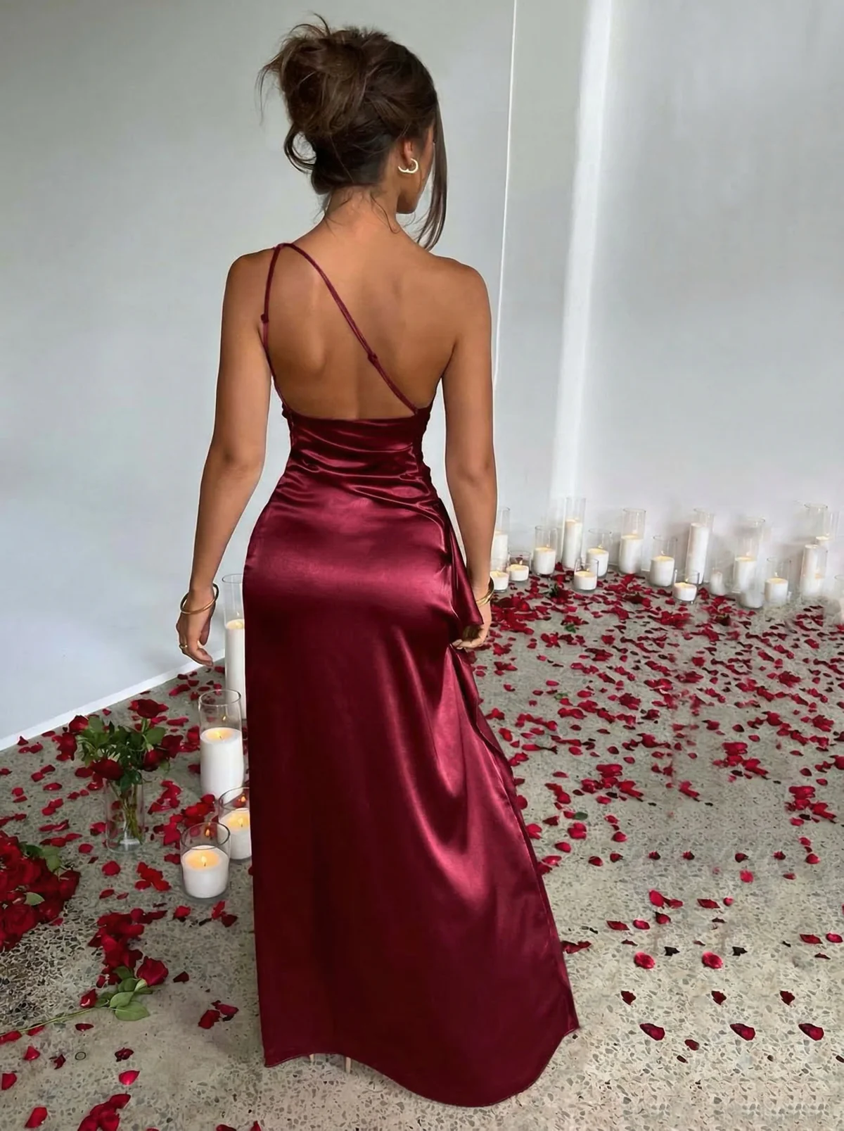 1960s One Shoulder Ruched Slit Satin Dress - Image 2