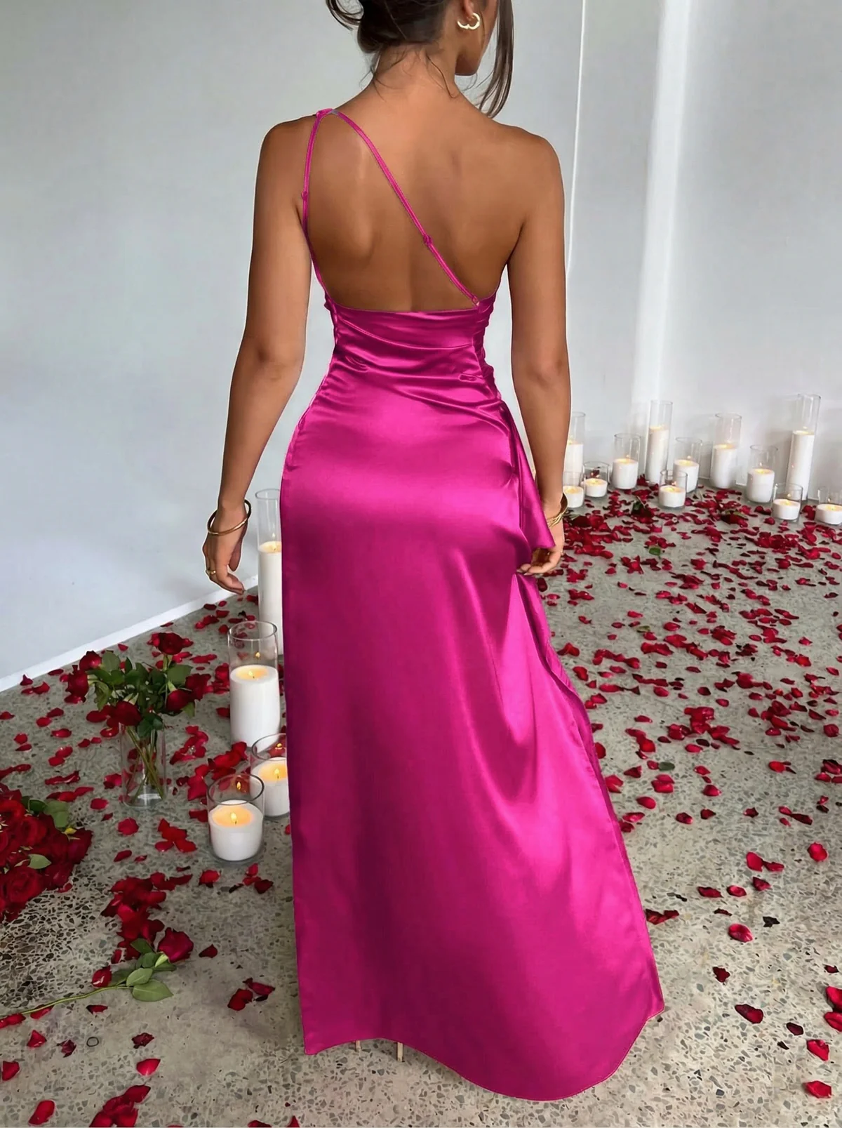 1960s One Shoulder Ruched Slit Satin Dress - Image 10