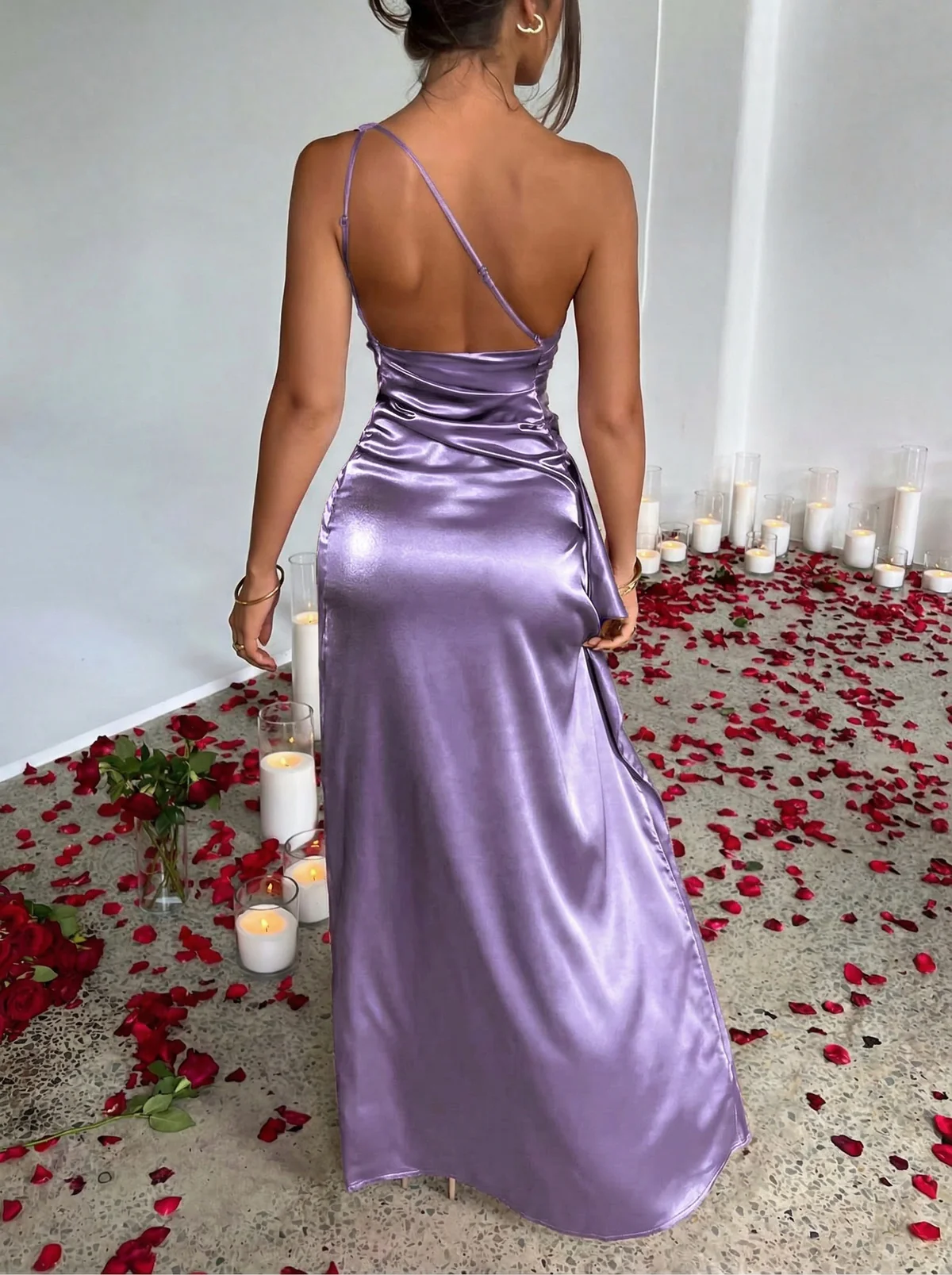1960s One Shoulder Ruched Slit Satin Dress - Image 3