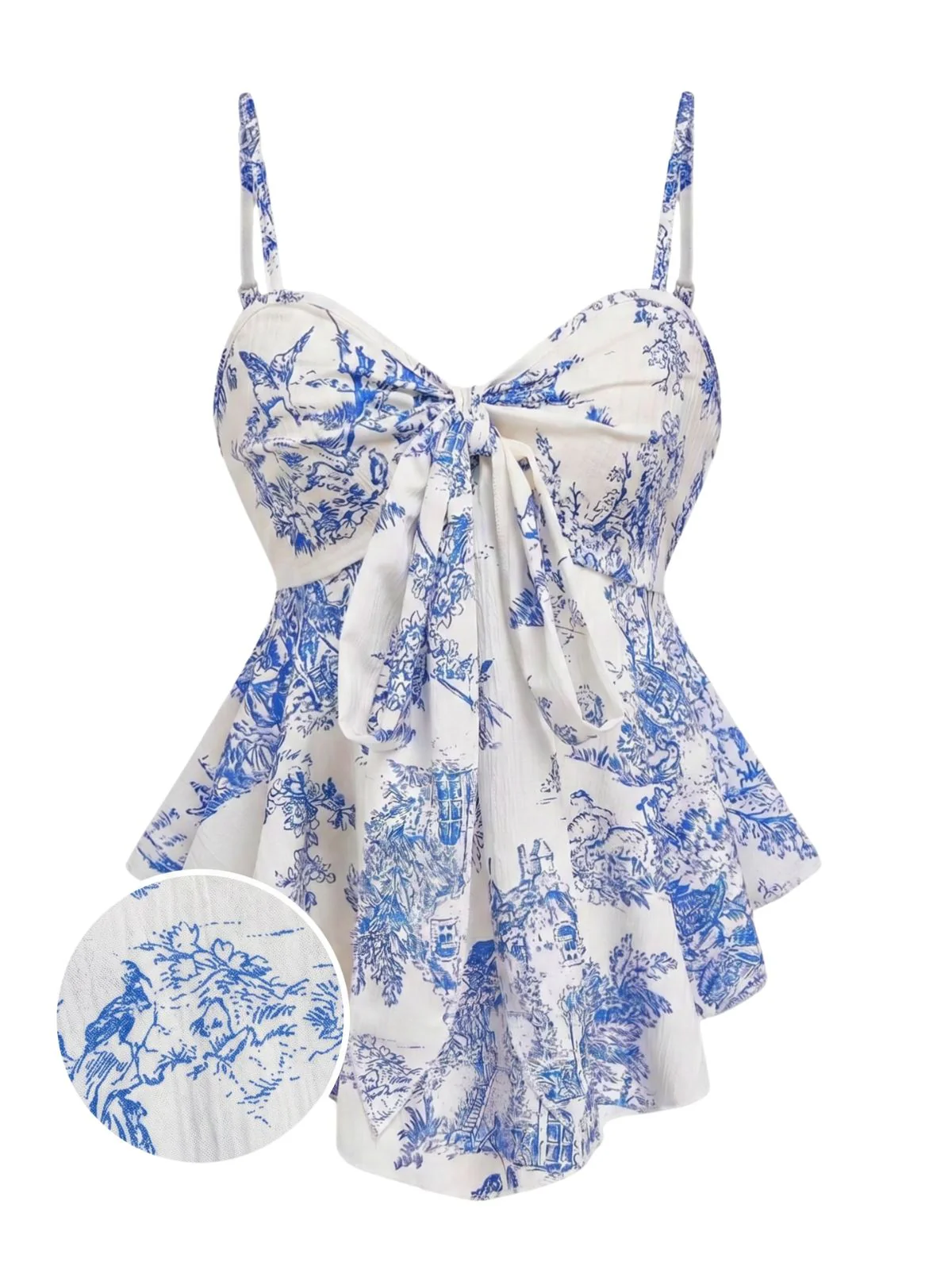 1960s Porcelain Print Spaghetti Strap Belted Top