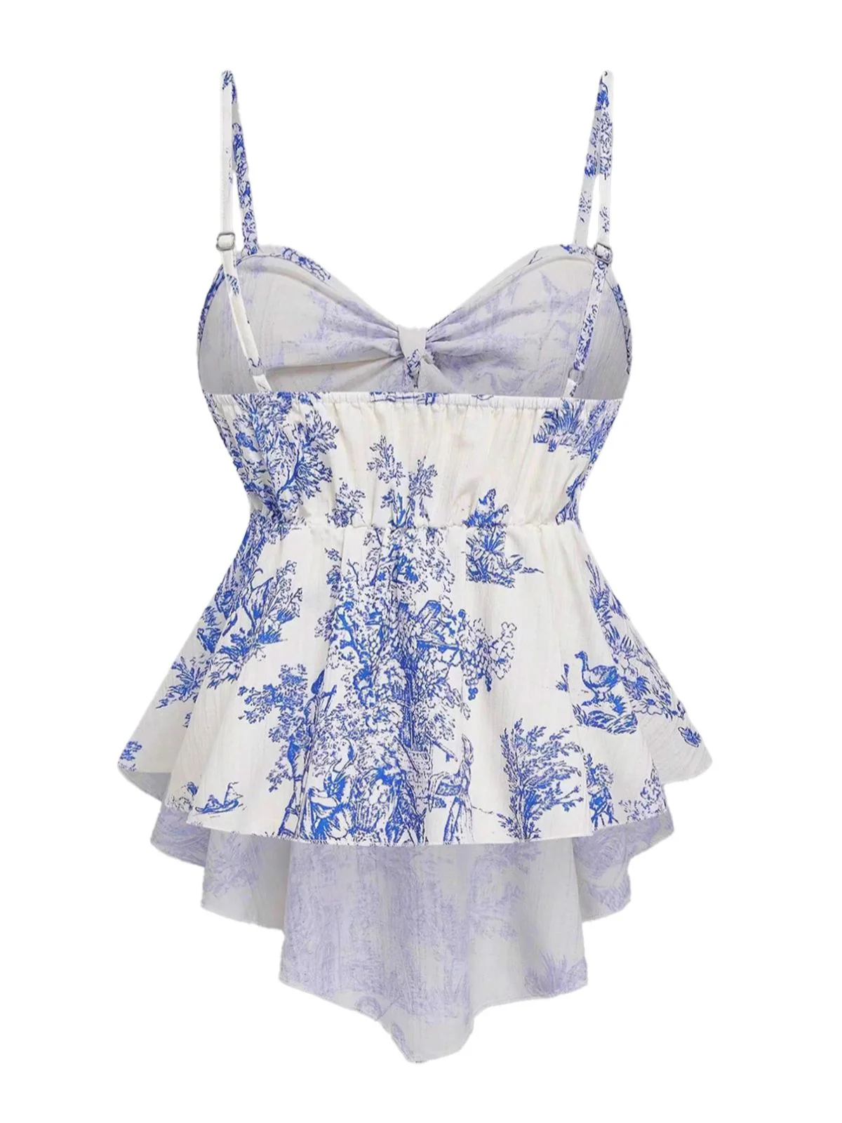 1960s Porcelain Print Spaghetti Strap Belted Top - Image 2