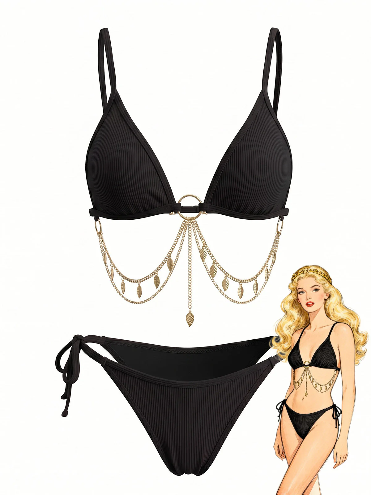 1960s Ribbed Gold Chain Triangle Bikini Set