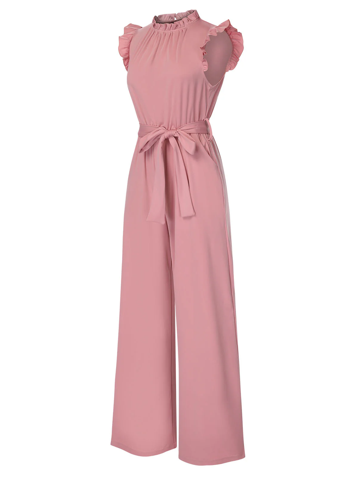 1960s Ruffles Sleeve High Waist Wide-Leg Belted Jumpsuit - Image 7