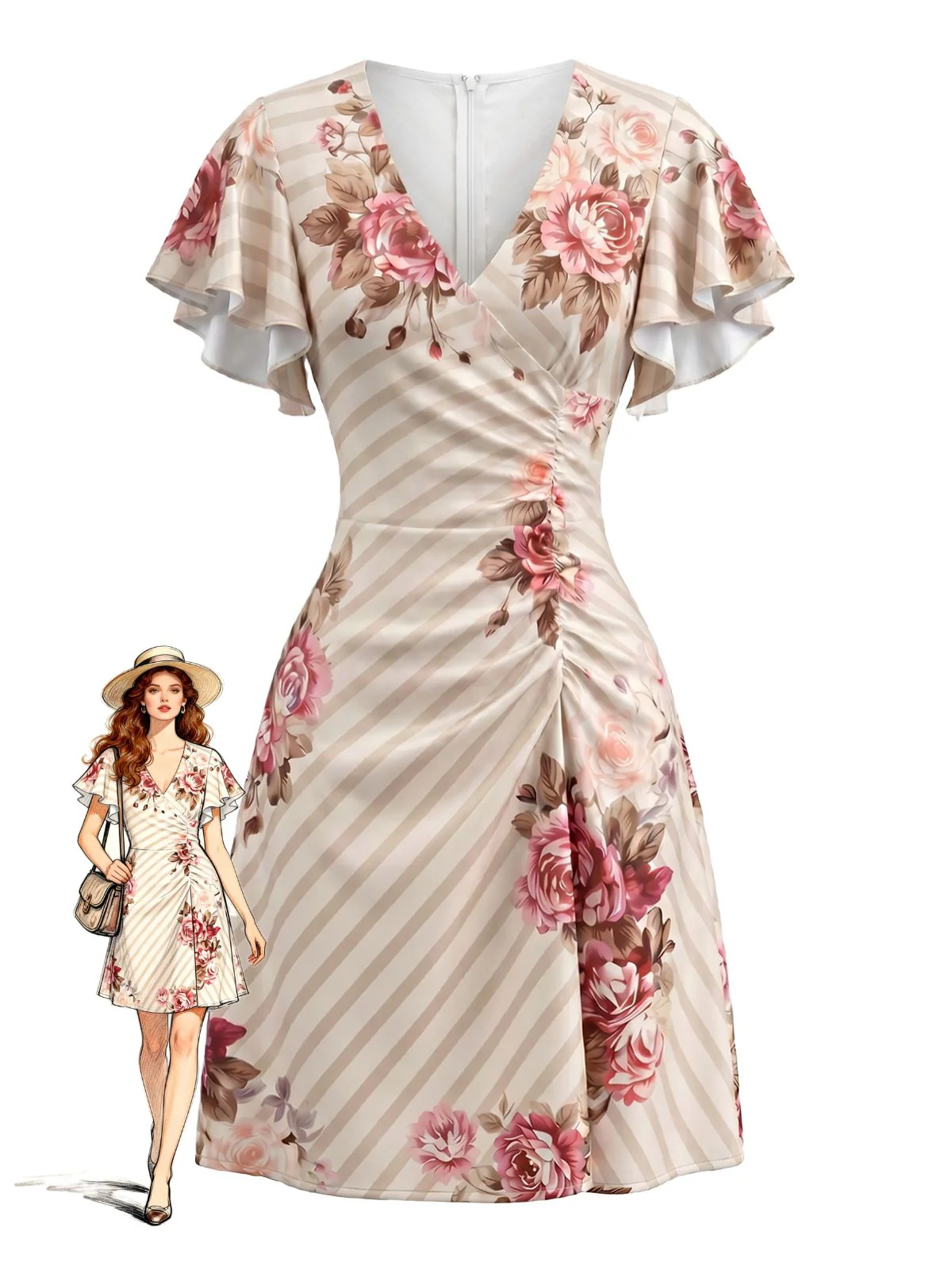 1960s Satin Floral Stripe Flutter Sleeve V-Neck Dress