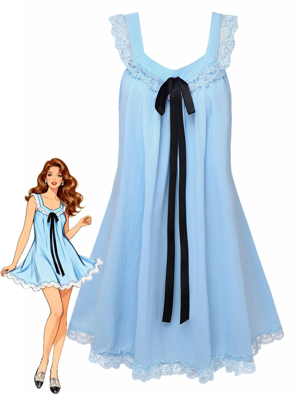 1960s Solid Bow Backless Lace Babydoll Dress - Image 6