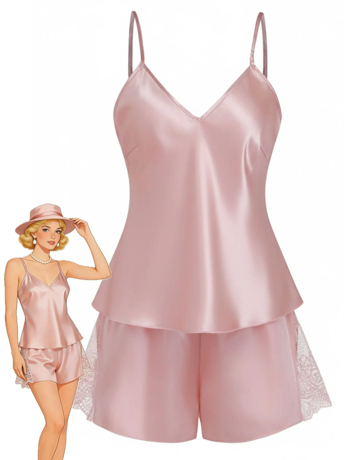 1960s Solid Lace Trim Satin Cami Patchwork Pajama Set
