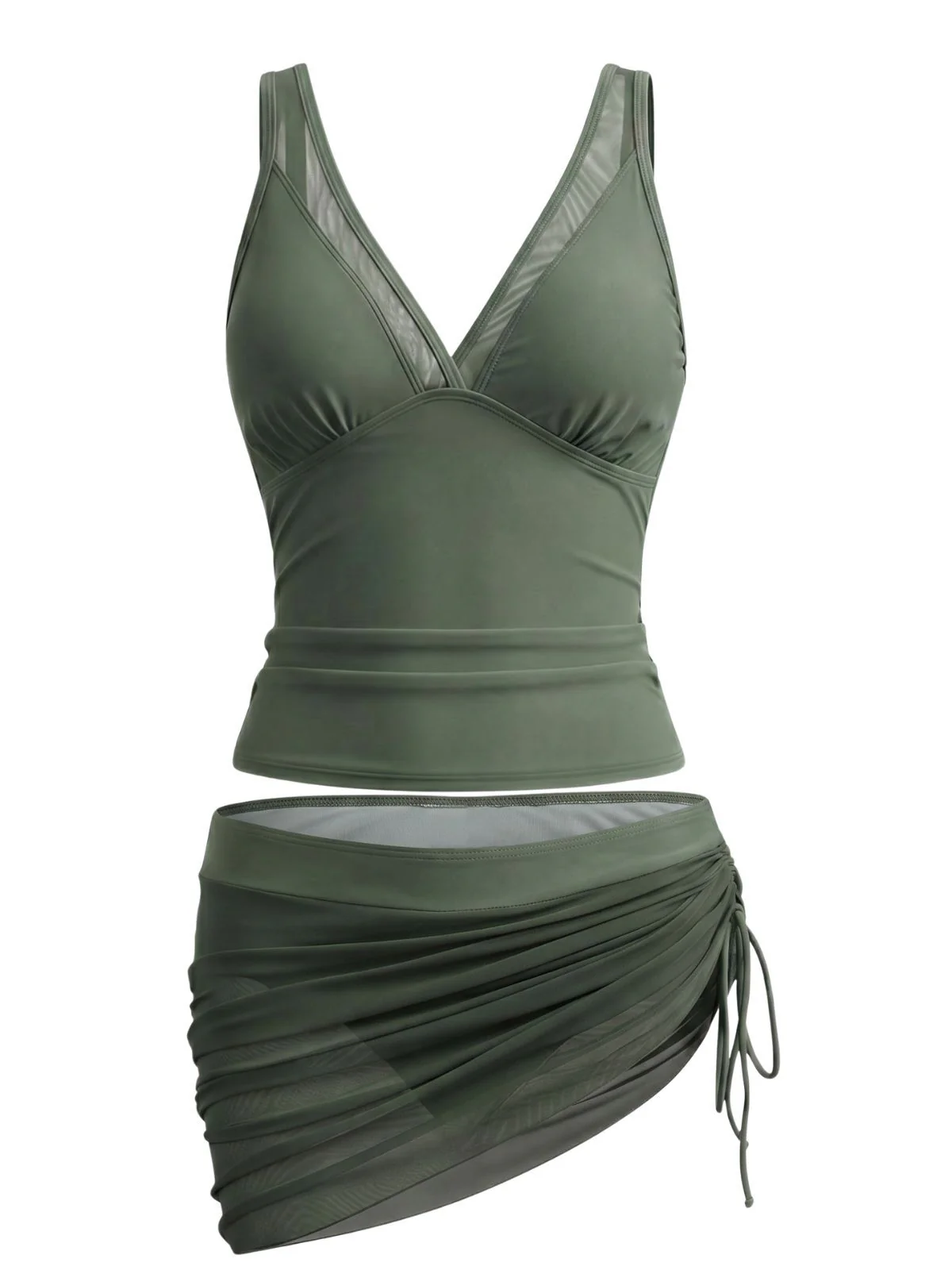 1960s Solid Mesh V-Neck Tankini Set & Ruched Skirt