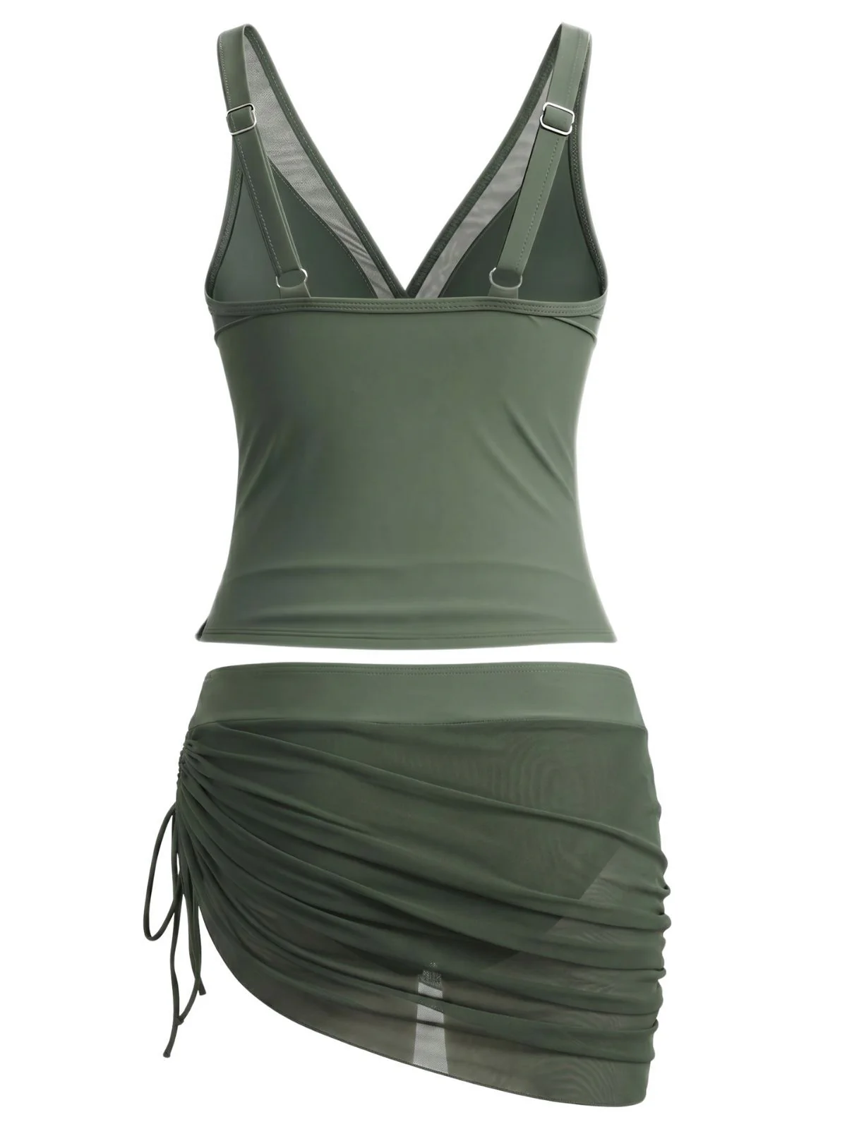 1960s Solid Mesh V-Neck Tankini Set & Ruched Skirt - Image 2