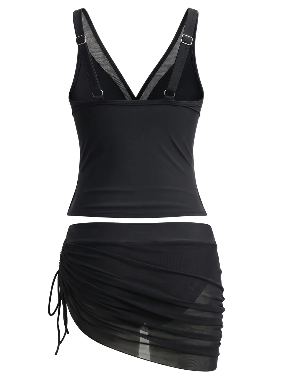 1960s Solid Mesh V-Neck Tankini Set & Ruched Skirt - Image 8