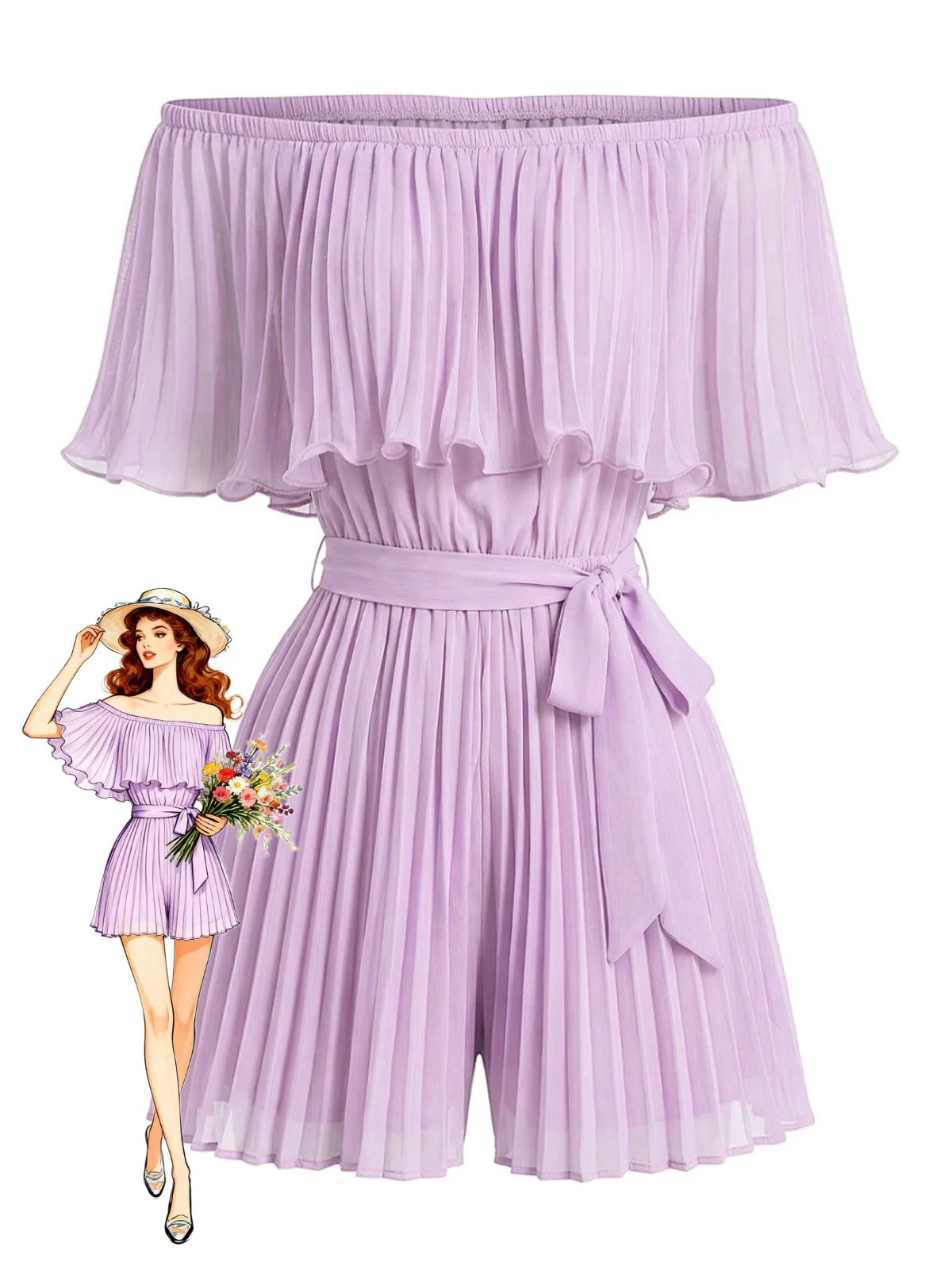1960s Solid Off-Shoulder Pleated Waist Tie Romper