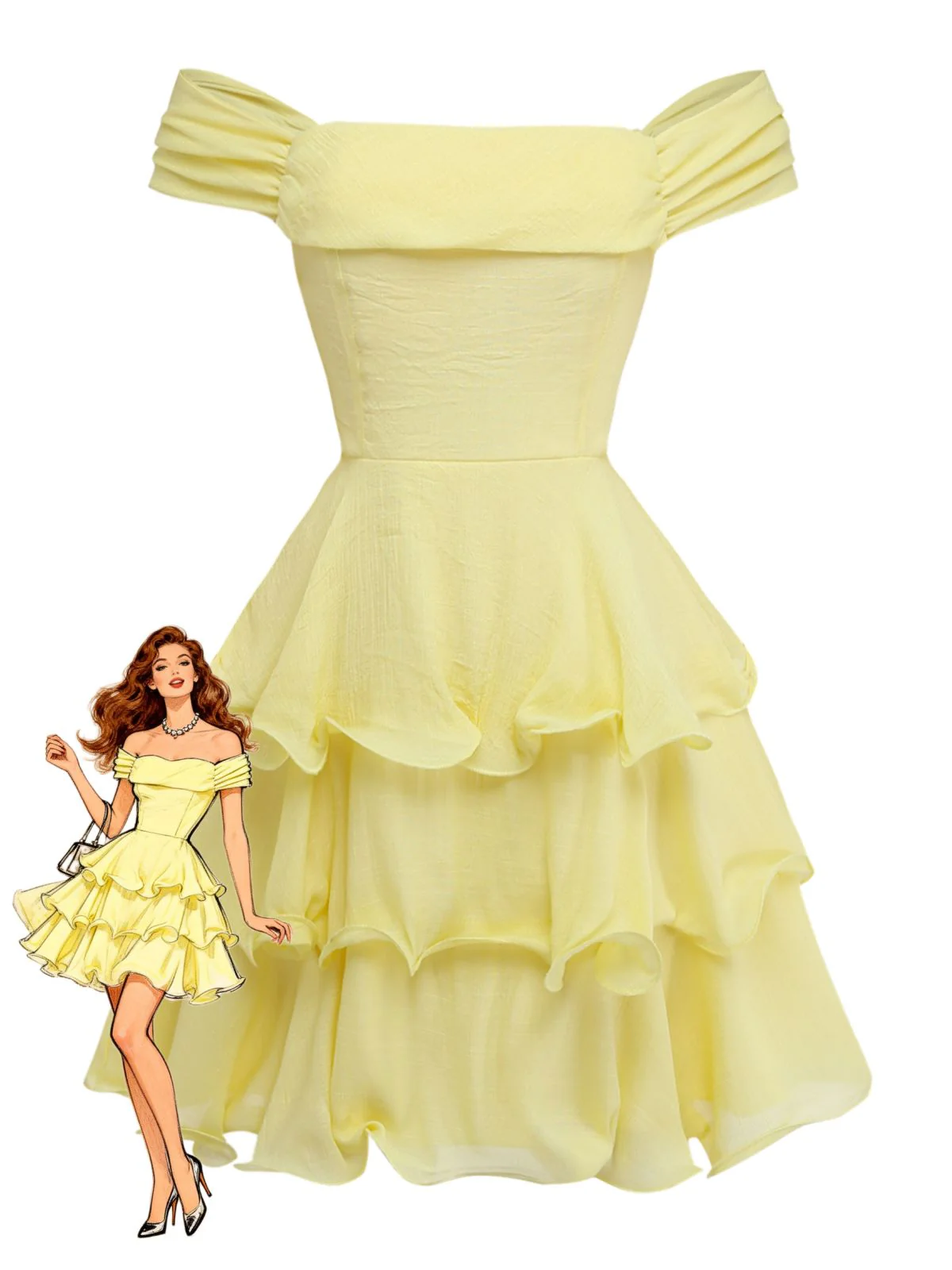 1960s Solid Strapless Backless Ruffle Cake Dress