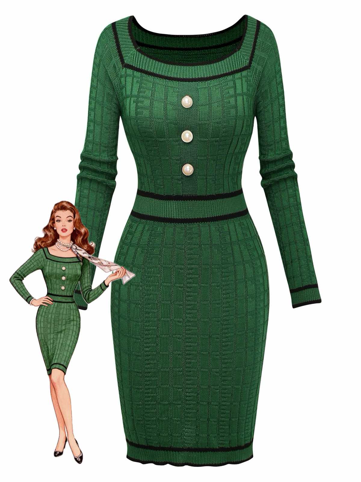 1960s Square Neck Pearl Button Knitted Dress