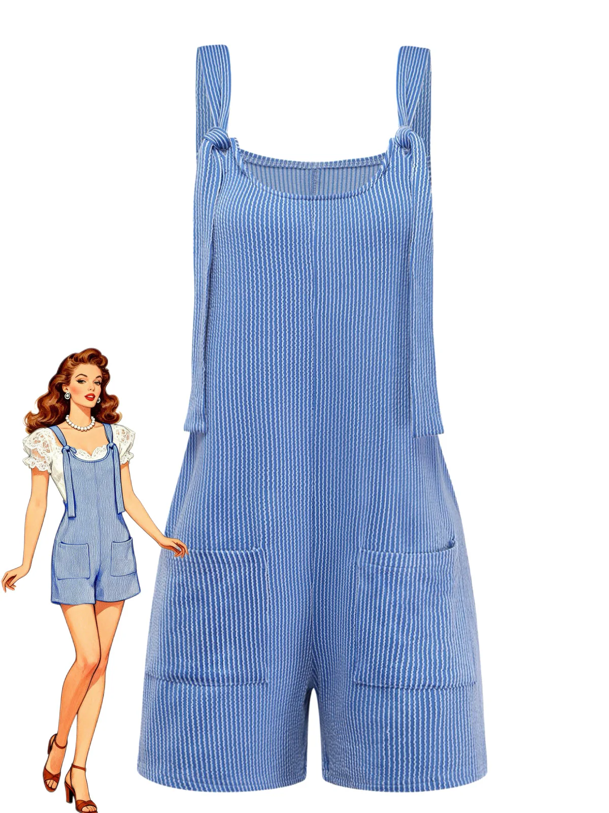 1960s Striped Pocketed Tie-Strap Romper